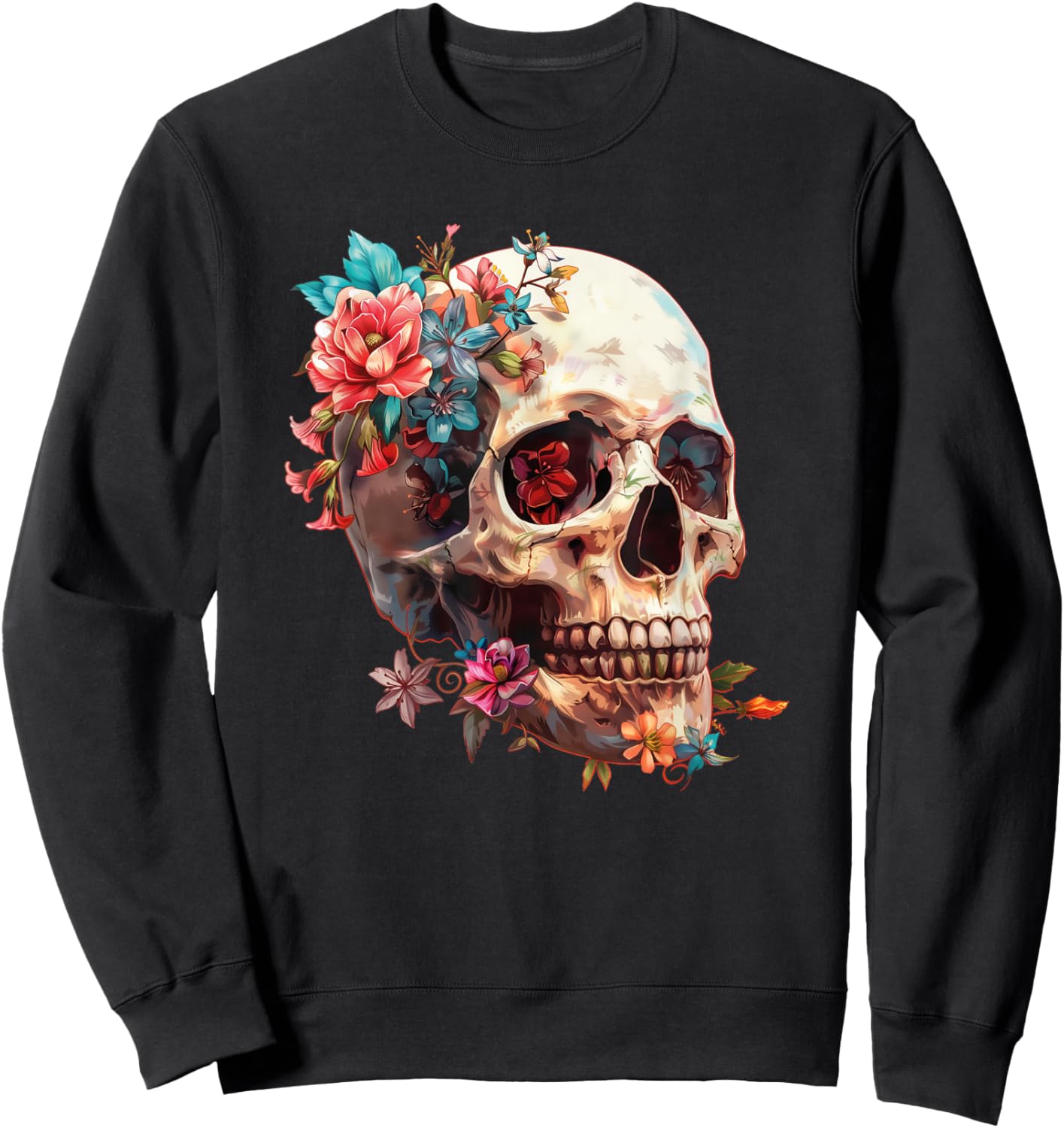 Floral Sugar Skull Rose Flowers Mycologist Gothic Goth Sweatshirt - Sweatshirt | Black