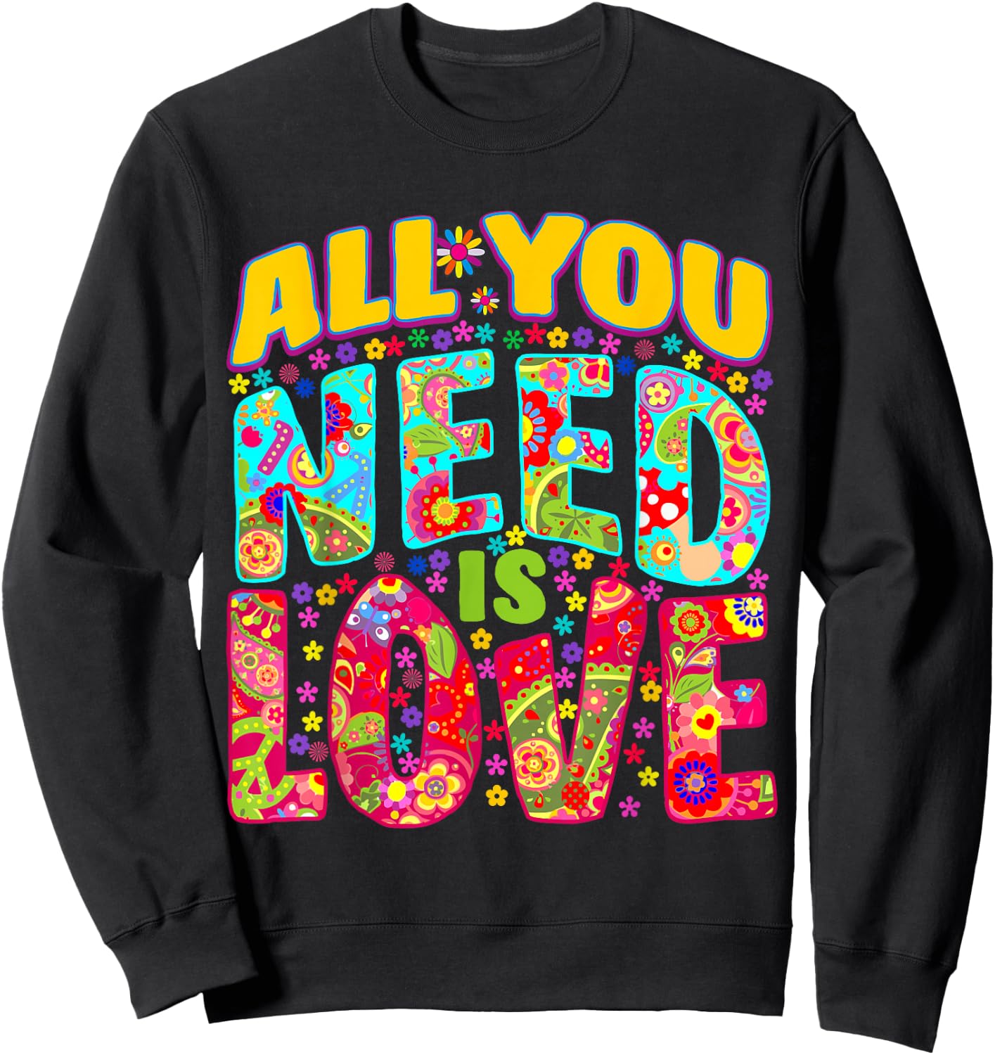 Hippie Flower Power Bohemian Peace Love Retro 60s 70s Groovy , Black, S Sweatshirt - Sweatshirt | Black