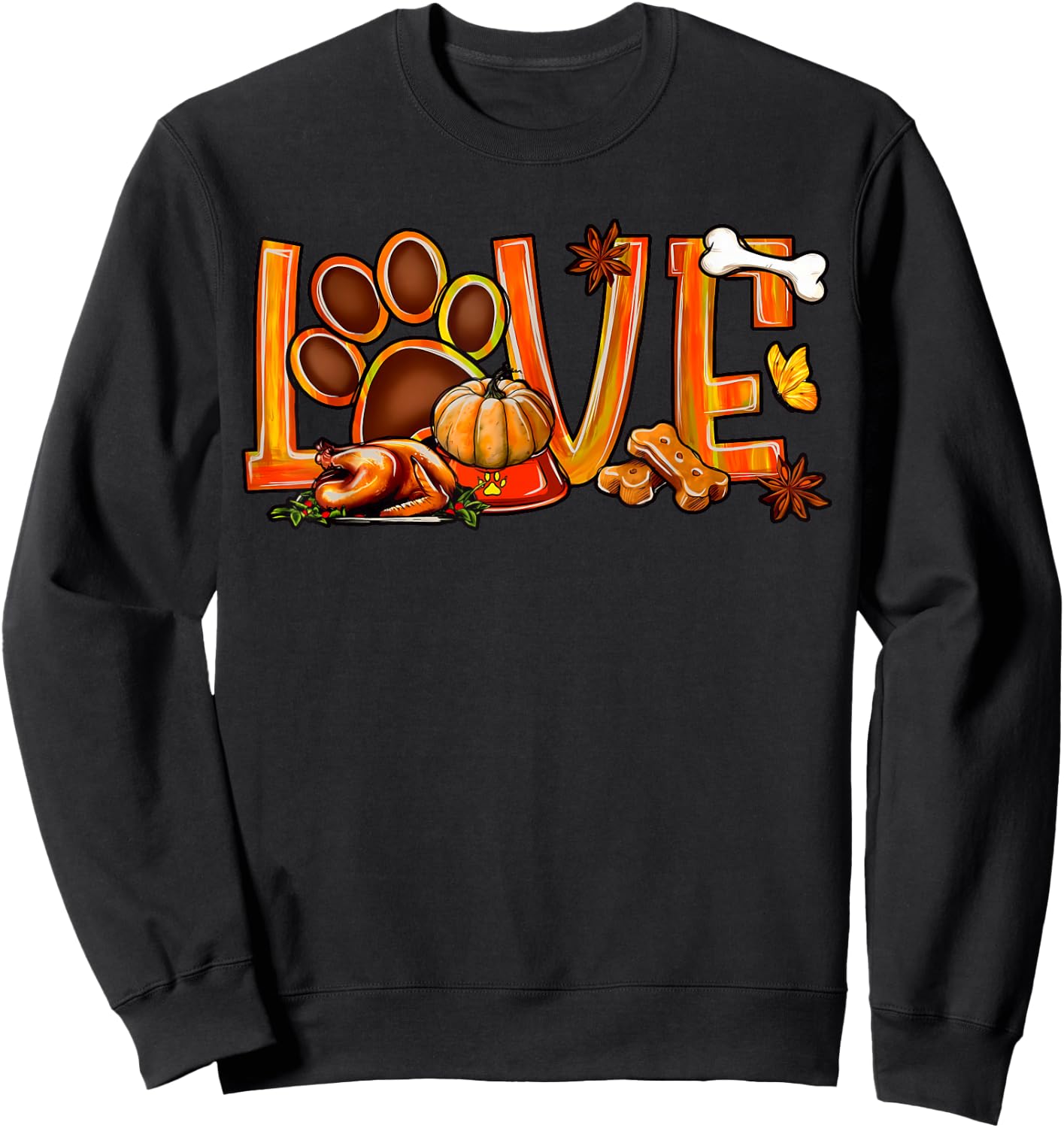 Love Dog Paw Print Turkey Pumpkin Fall Autumn Thanksgiving Men Women Girls Kids Sweatshirt - Sweatshirt | Black