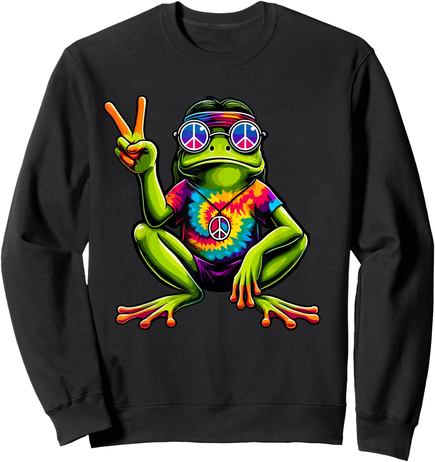 Tie-Dye Hippie Frog, Peace Sign, 60s Party & 70s Costume Sweatshirt - Sweatshirt | Black