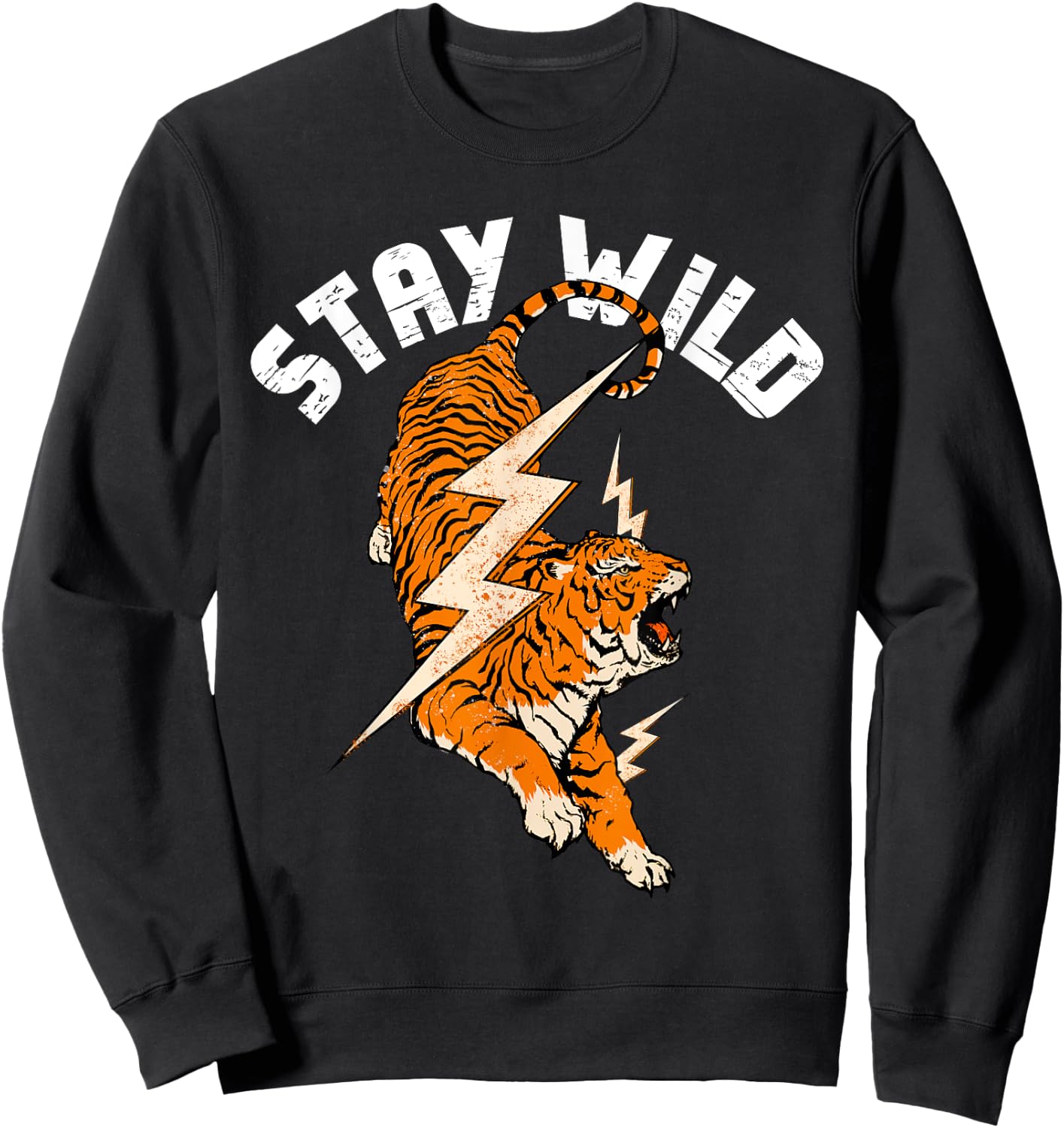 Stay Wild Tiger Cool Tiger & Lightning Bolt Retro Distressed Sweatshirt - Sweatshirt | Black