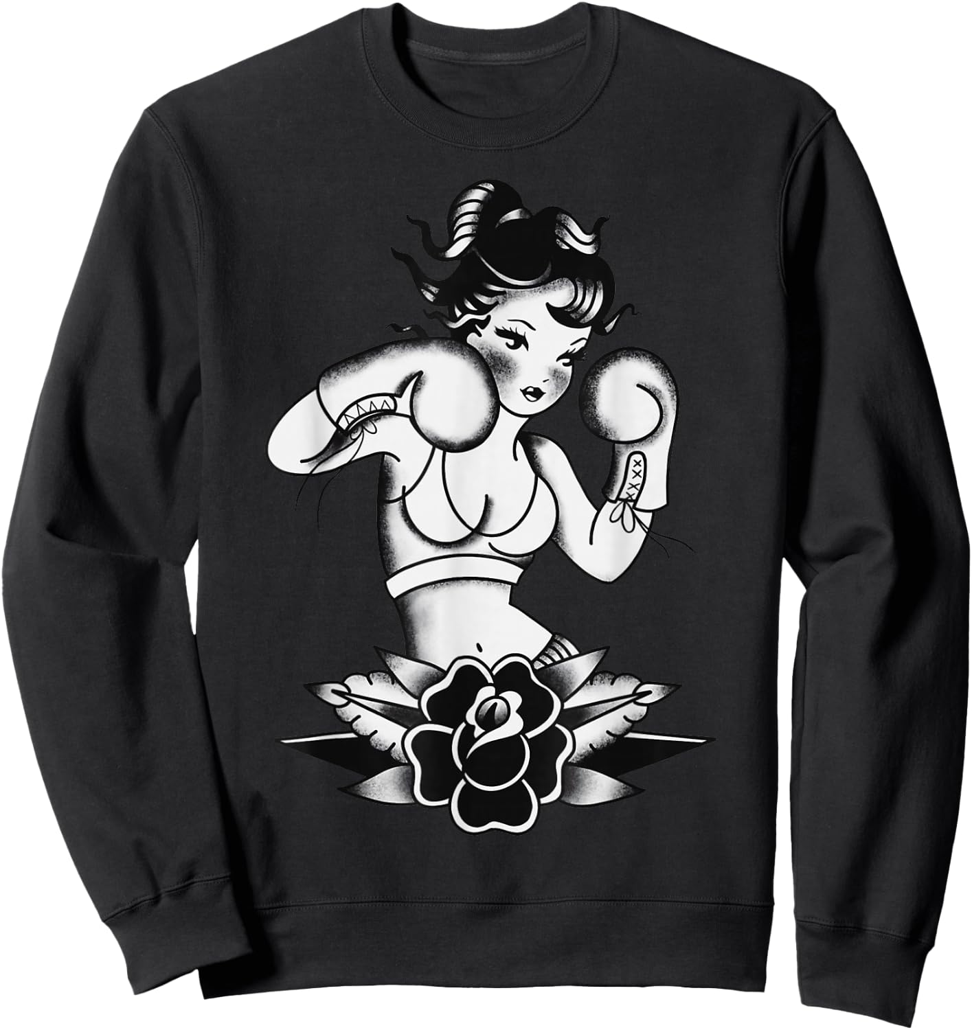 Traditional Boxer Girl Pin-Up Pretty Girl Blackwork Sweatshirt - Sweatshirt | Black