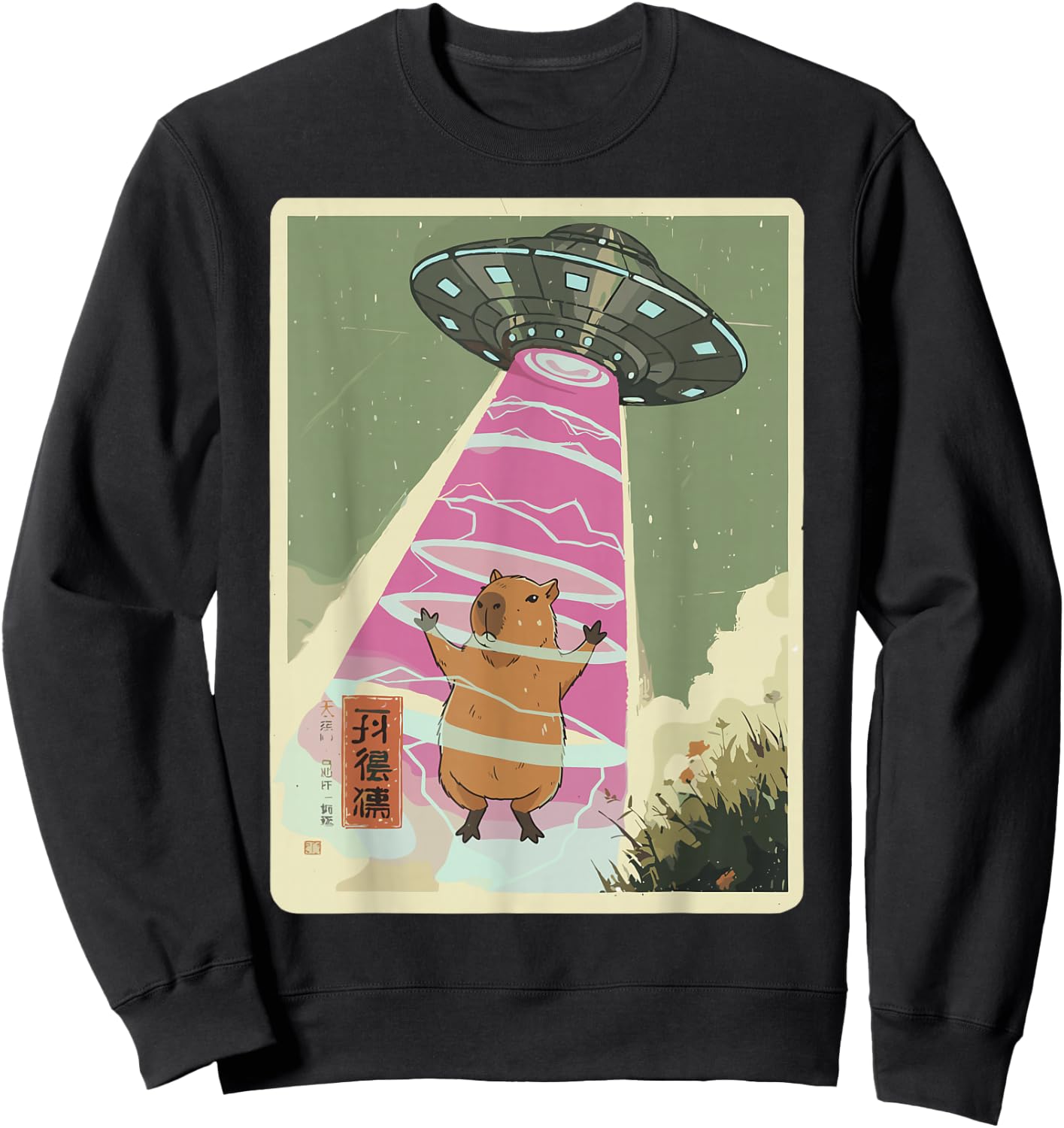 Cute Capybara UFO Japanese Sci-Fi Retro Animal Design Sweatshirt - Sweatshirt | Black