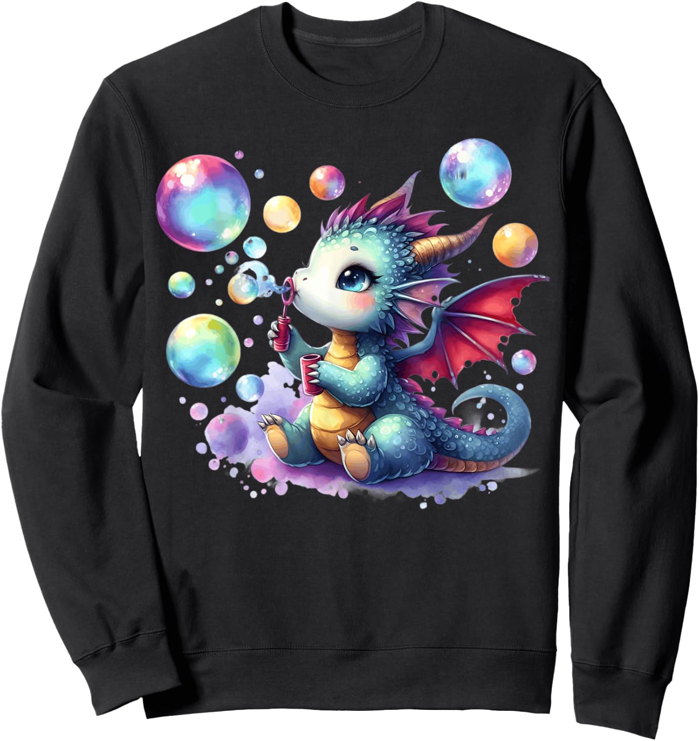 Adorable Baby Dragon Blowing Bubbles Fantasy Magic Sweatshirt - Sweatshirt | Black