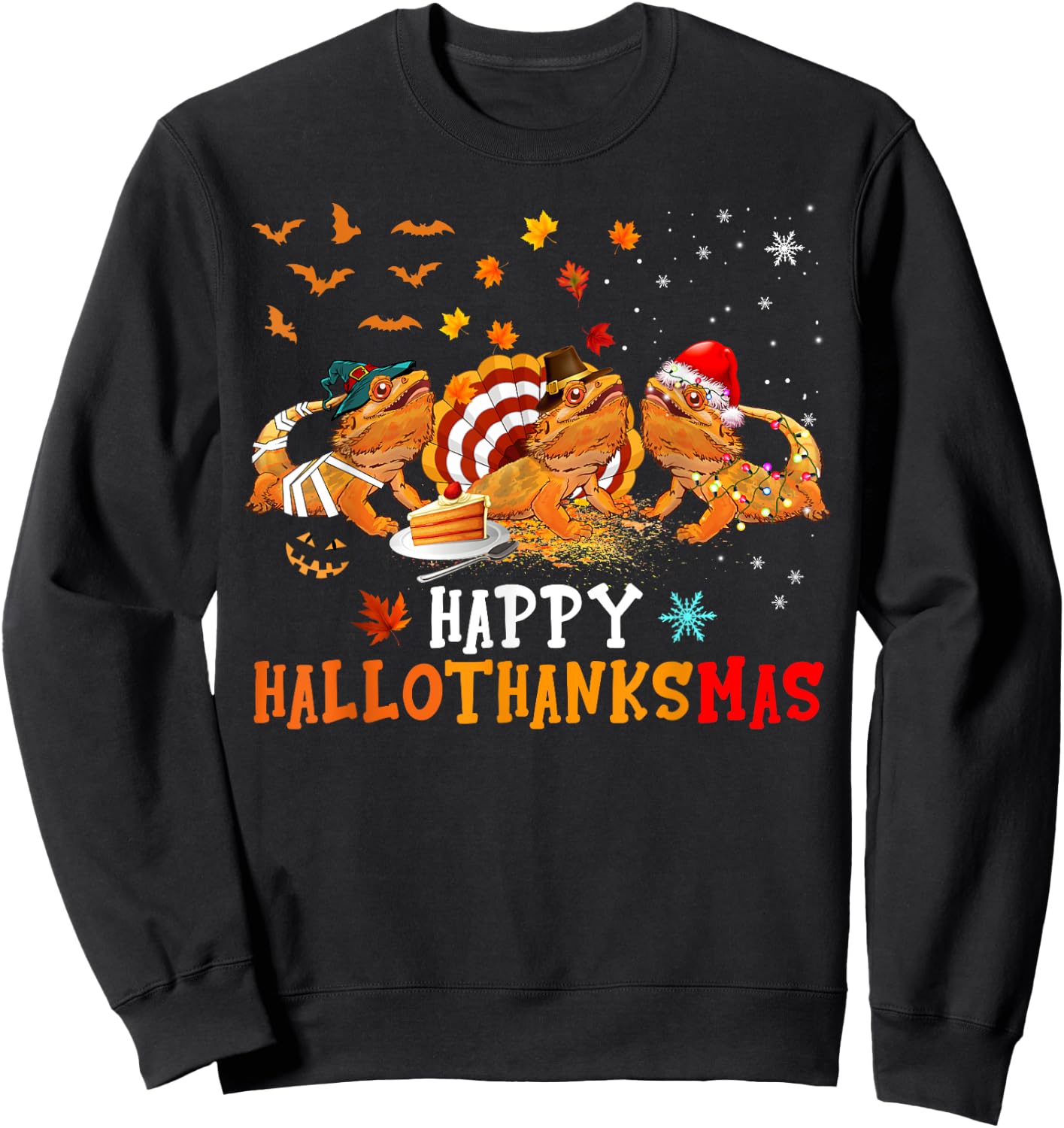 Happy HalloThanksMas Cute Santa Witch Turkey Bearded Dragon Sweatshirt - Sweatshirt | Black
