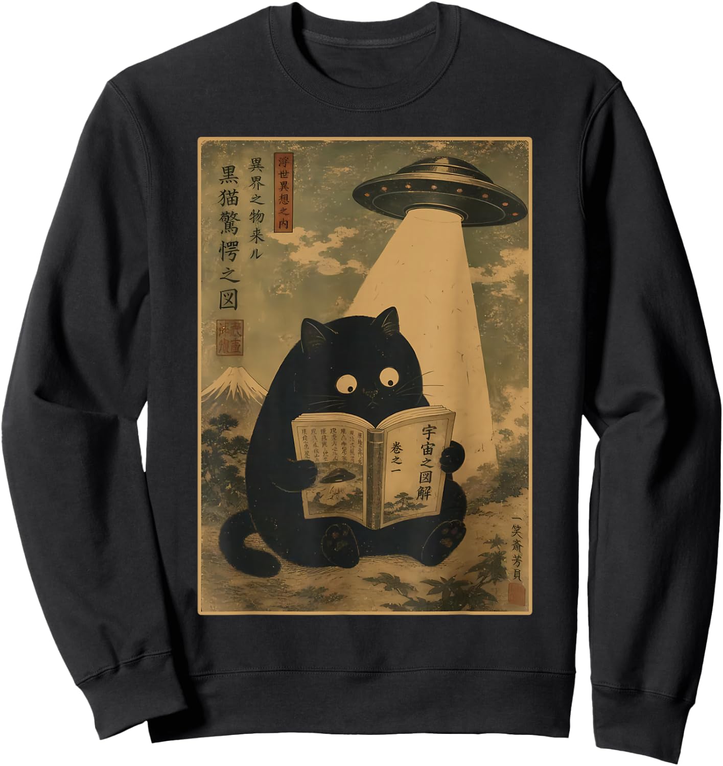 Vintage Japanese Cat Reading Book UFO Alien Abduction Cat Sweatshirt - Sweatshirt | Black
