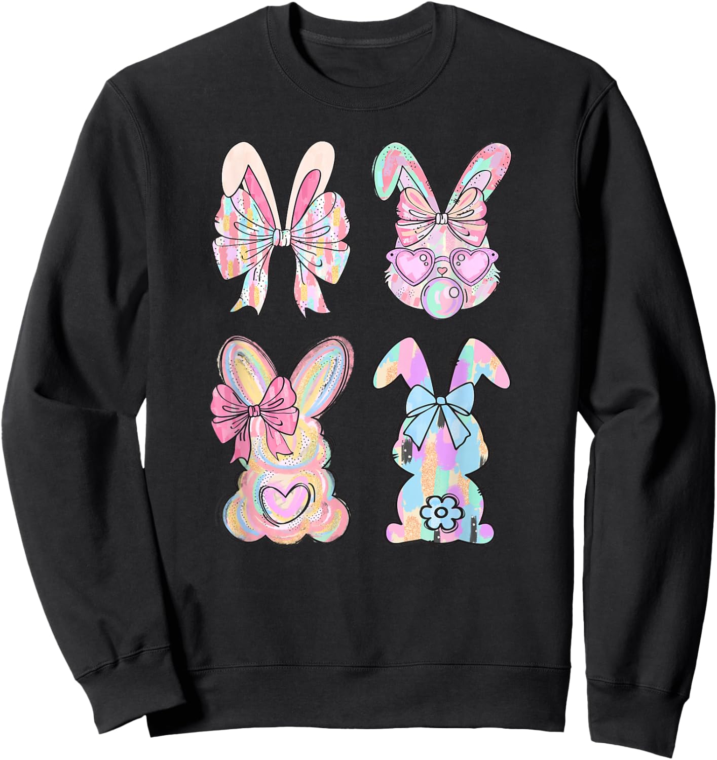 Ombré Easter Day Cute Bunny Rabbit Face Tie Dye Glasses Girl Sweatshirt - Sweatshirt | Black