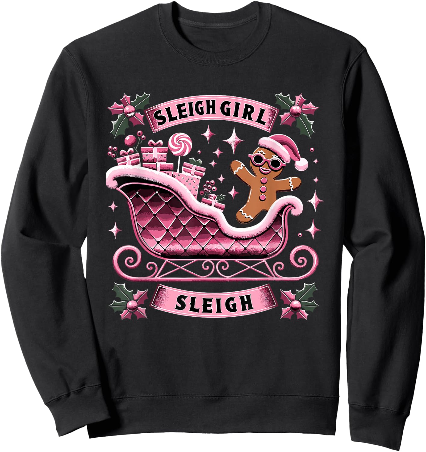 Groovy Pink Christmas Candy Sleigh Girl Gingerbread Holiday Sweatshirt - Sweatshirt | Black