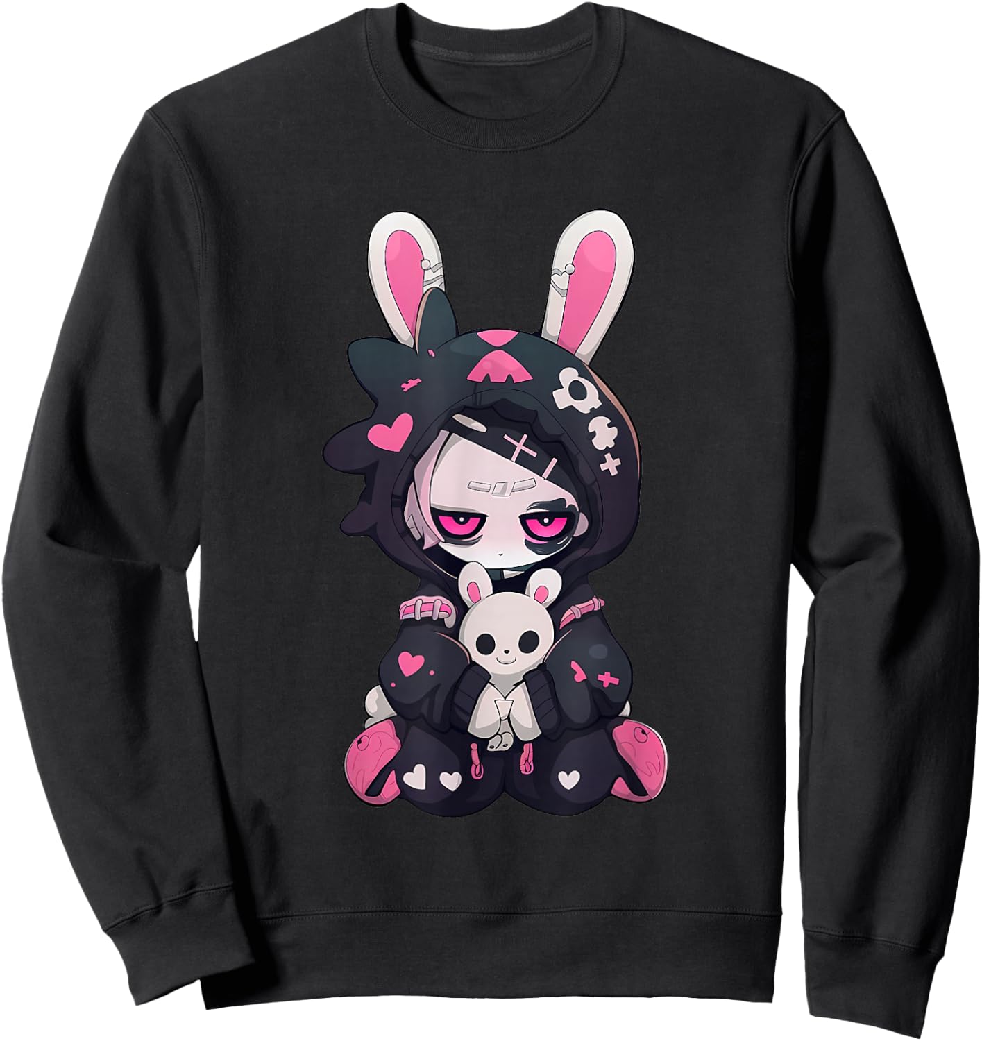 Cute Gothic Girl Chibi Style Bunny E-Girl Skull Heart Grunge Sweatshirt - Sweatshirt | Black