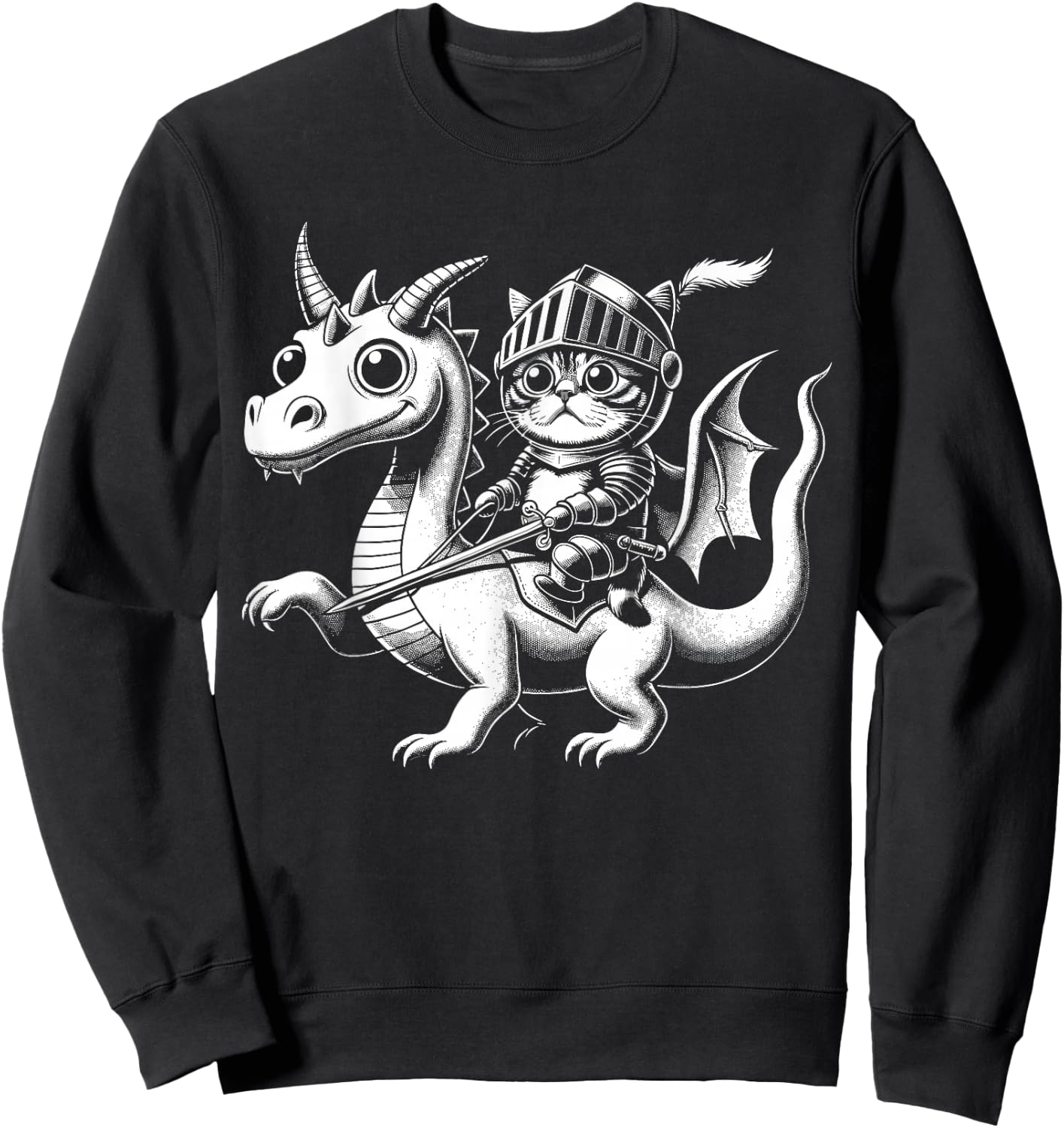Cute Kawaii Cat Knight Riding A Dragon Sweatshirt - Sweatshirt | Black