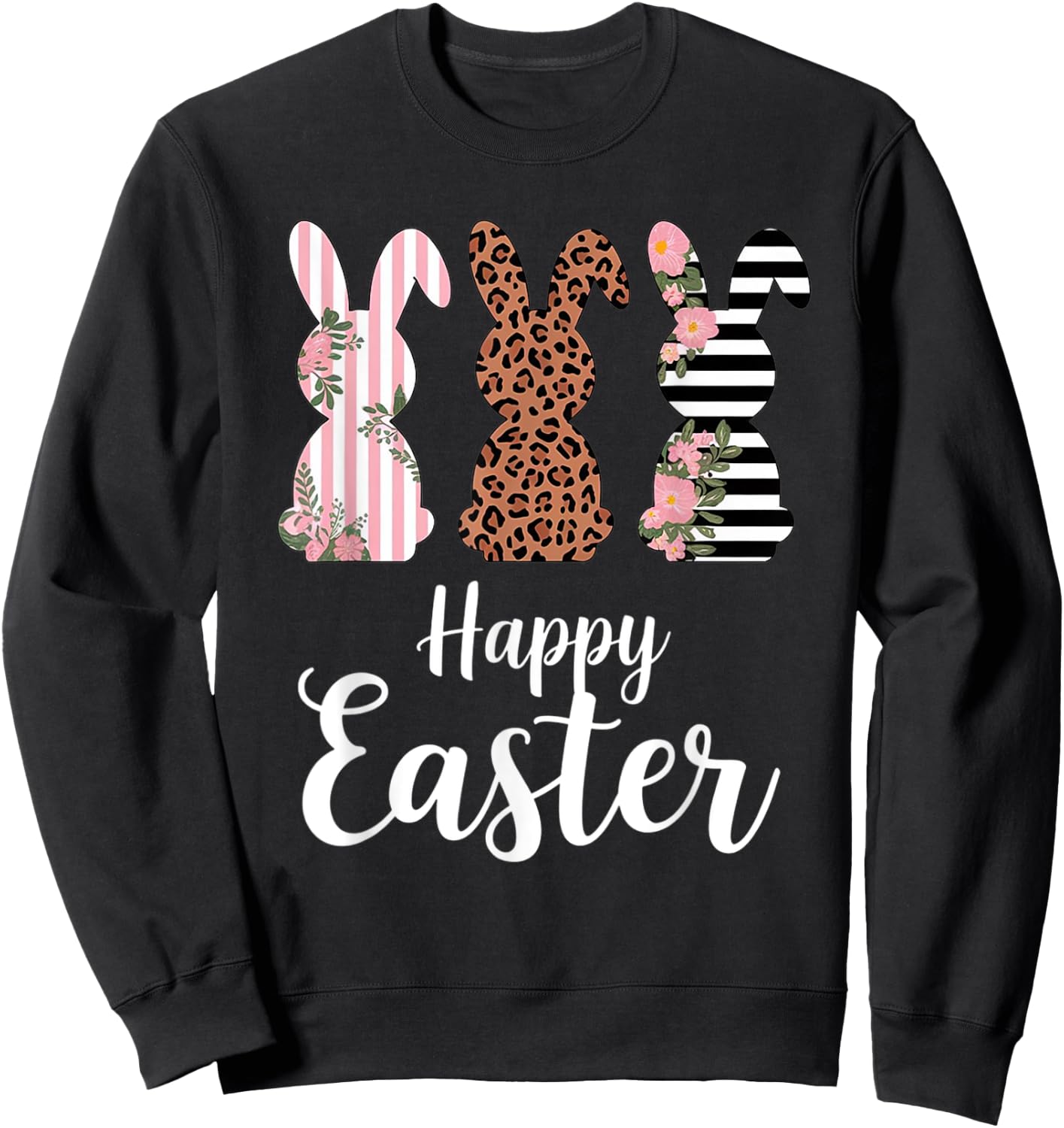 Happy easter Bunny Cute Pink Leopard Plaid Flower Bunny Sweatshirt - Sweatshirt | Black