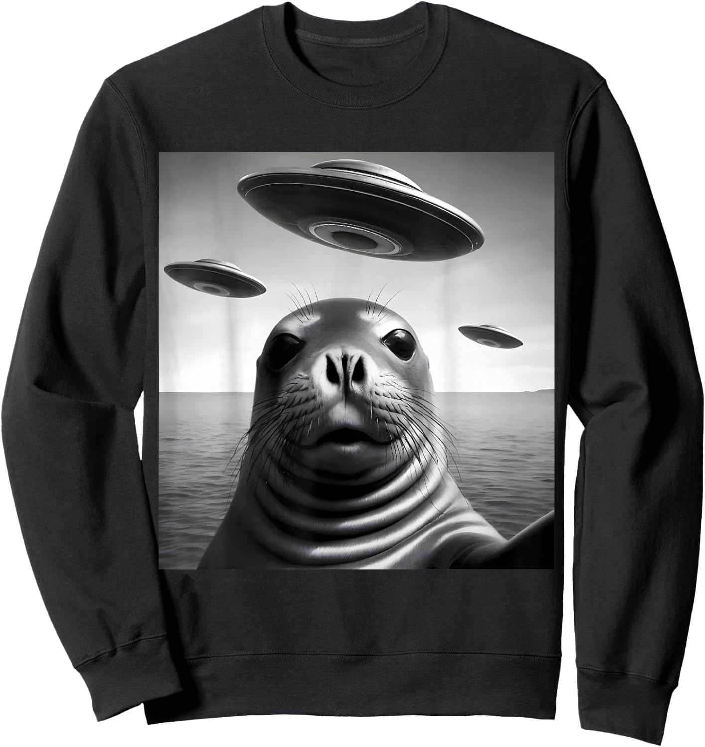 Funny Alien UFO Design Cute Seal Alien Encounter Sweatshirt - Sweatshirt | Black