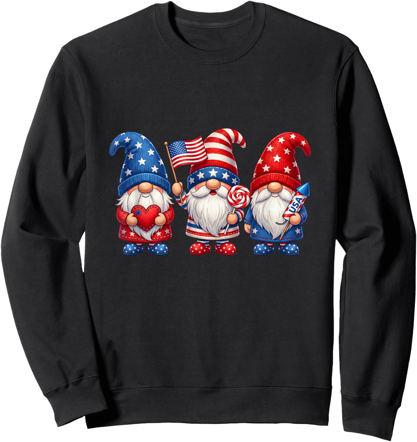 Patriotic Gnomes 4th of July Funny Gnome USA American Flag Sweatshirt - Sweatshirt | Black