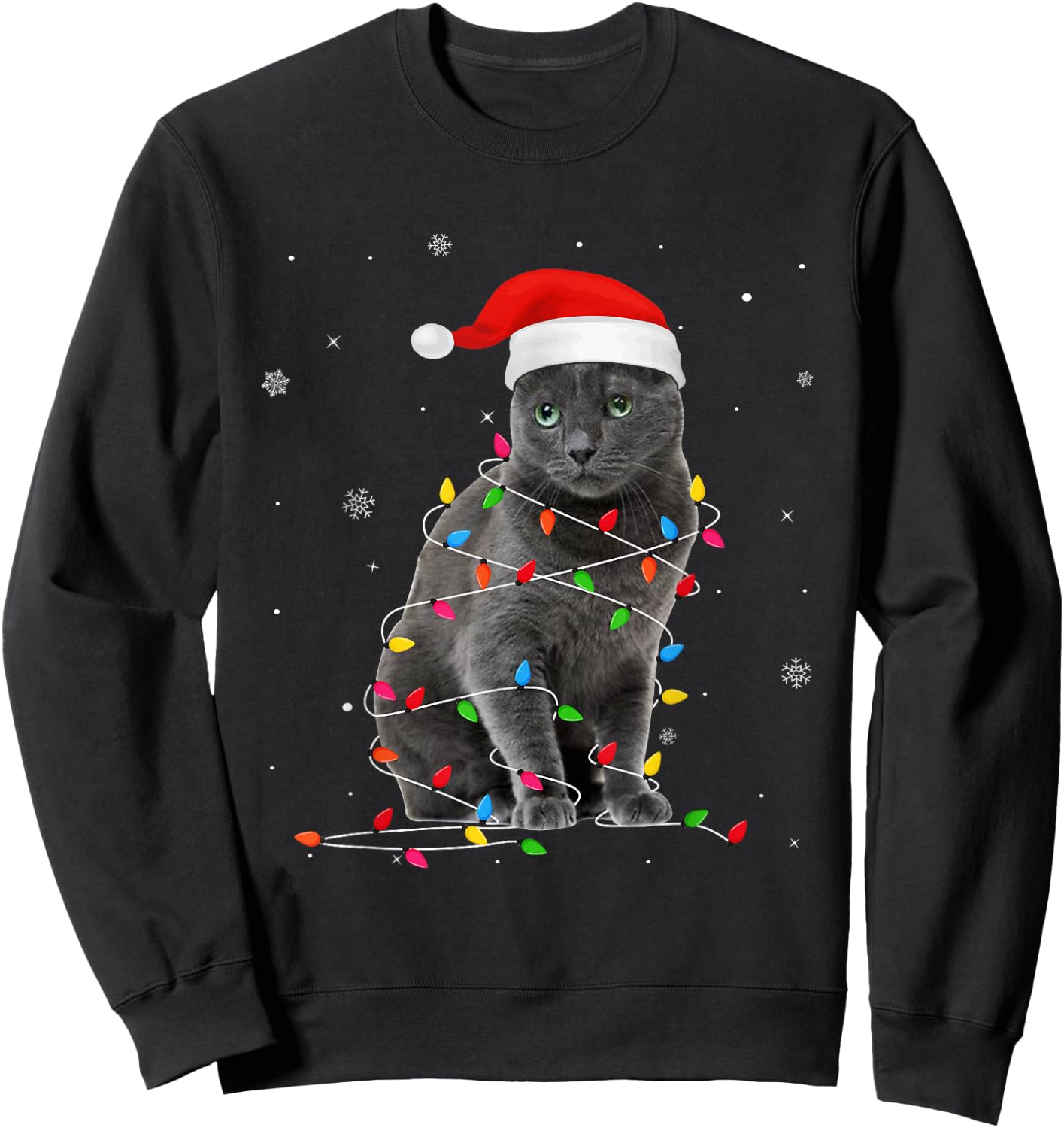 Funny Russian Blue Christmas Light Cat Dad Cat Mom Women Kids Sweatshirt - Sweatshirt | Black