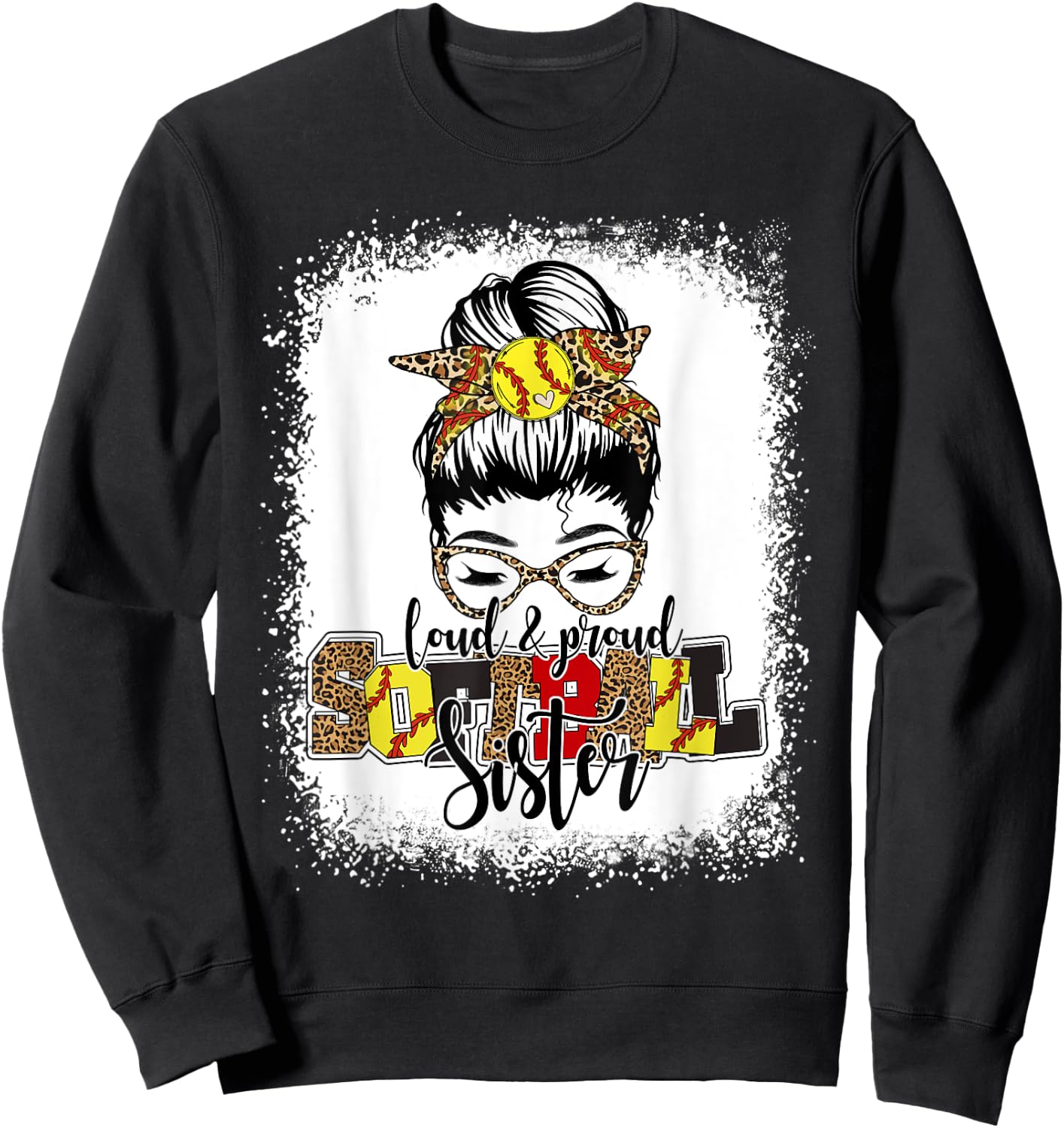 Bleached Softball Sister Leopard Messy Bun Funny Mothers Day Sweatshirt - Sweatshirt | Black