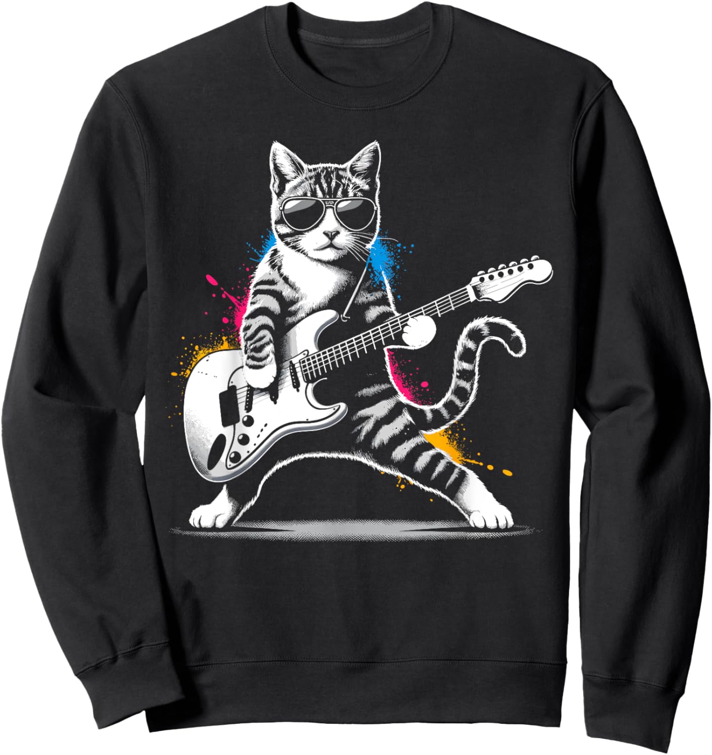 Guitar Cat Novelty Rock Music Band Concert Funny Cat Women Girls Kids Sweatshirt - Sweatshirt | Black