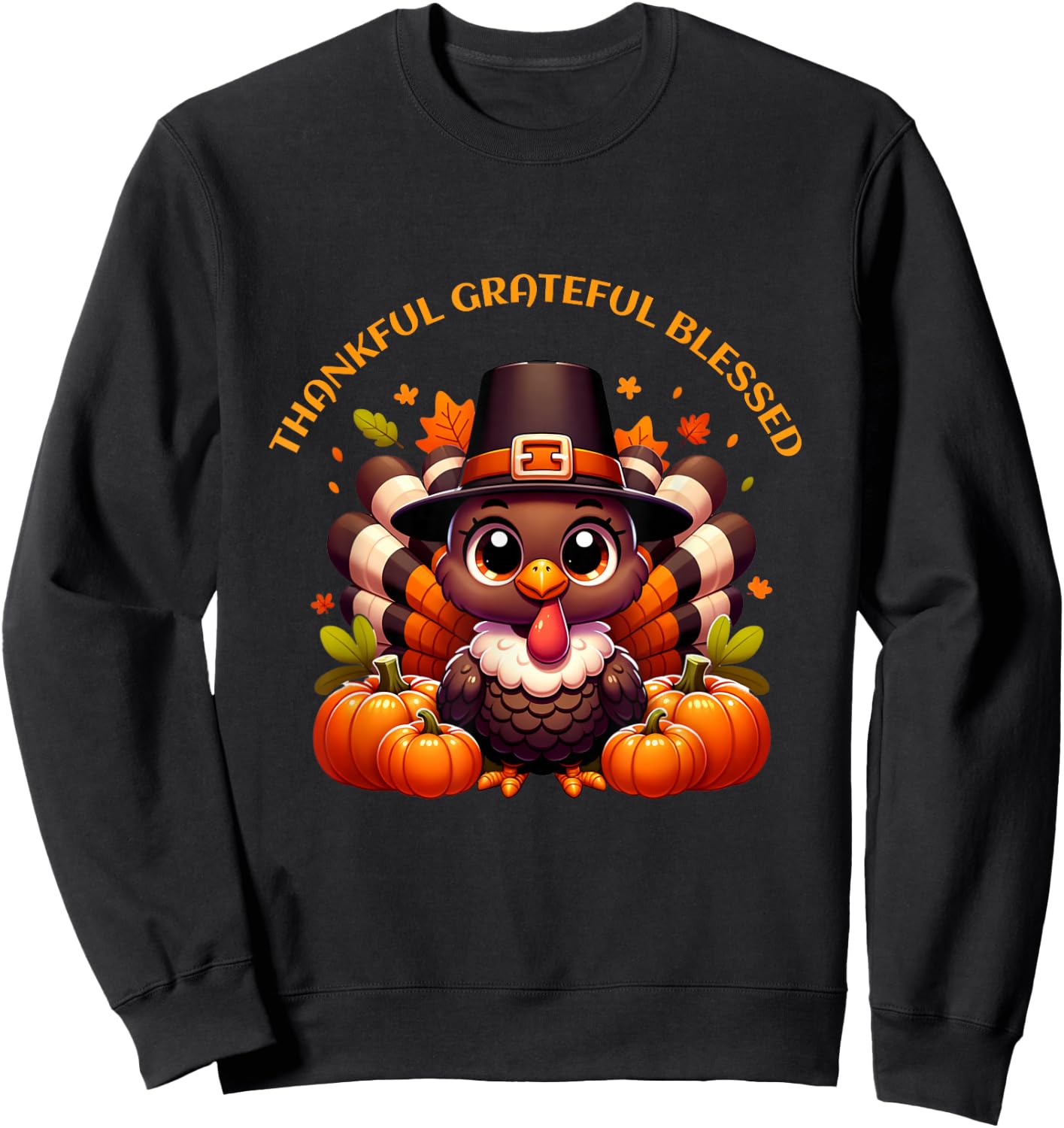 Thankful Grateful Blessed Cute Turkey Thanksgiving For Kids Sweatshirt - Sweatshirt | Black