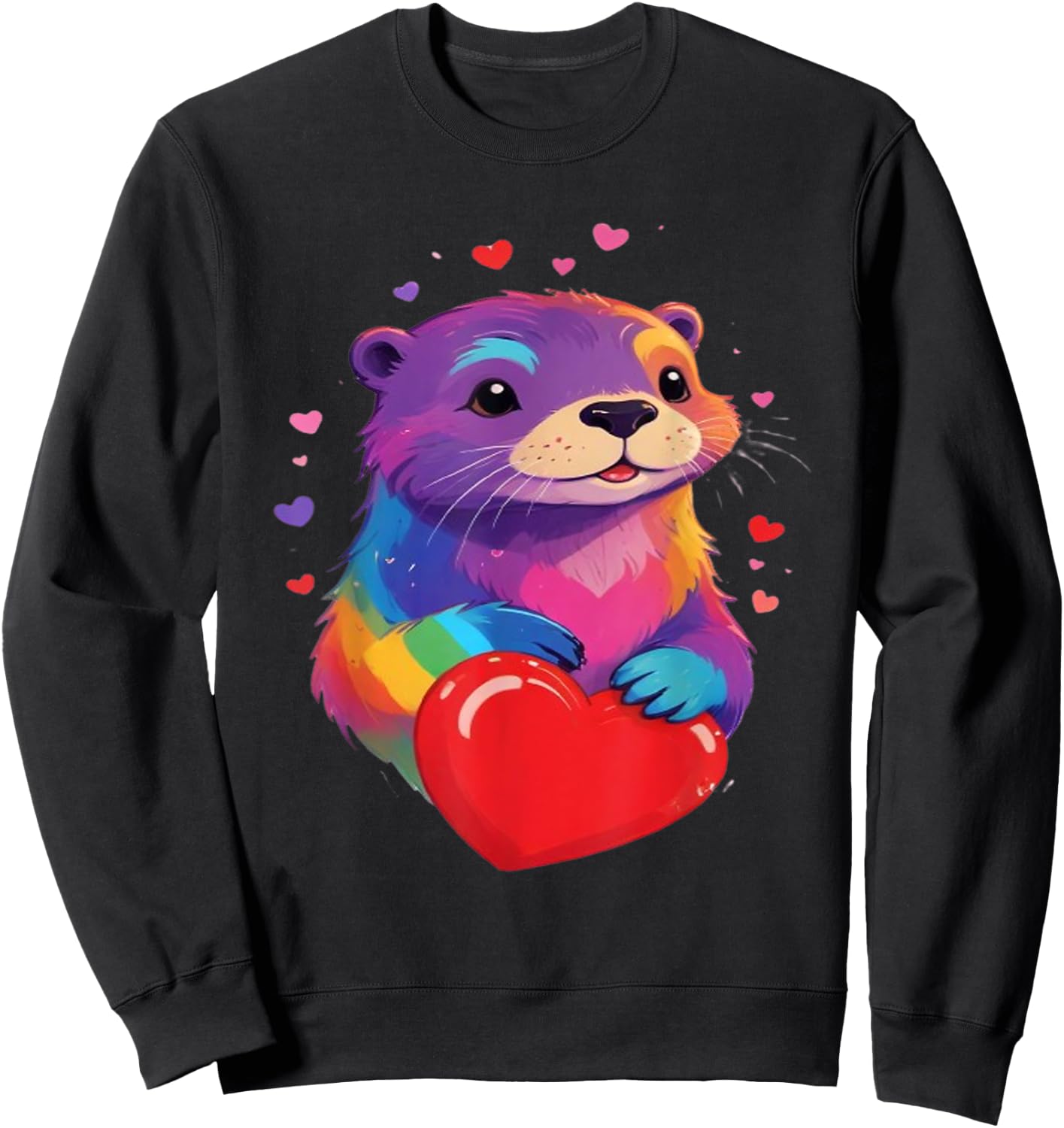 Otter Shirt - Otter Print Colorful Heart , Black, S Sweatshirt - Sweatshirt | Black