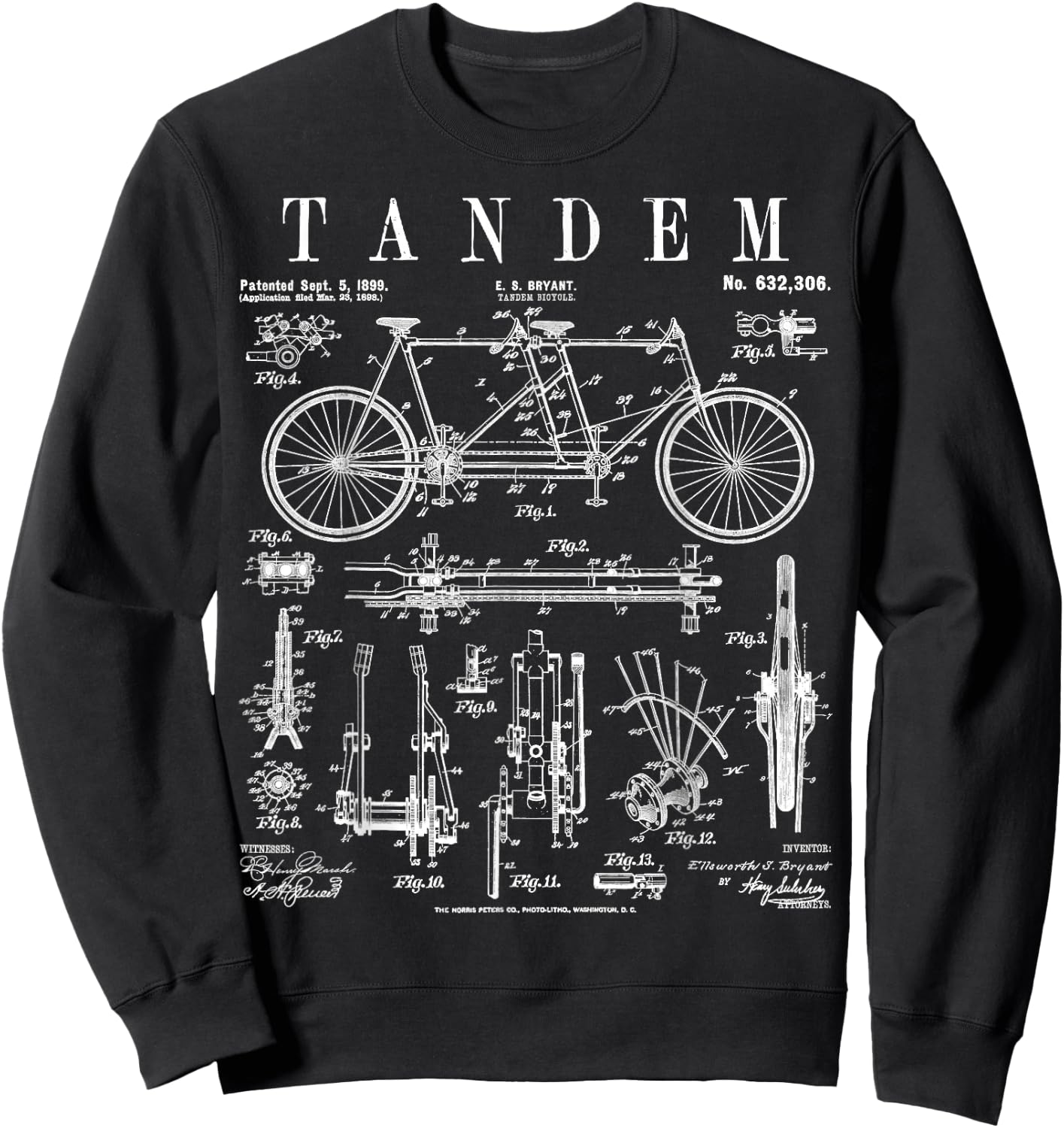 Tandem Bicycle Cycling Cyclist Biker Bike Vintage Patent Sweatshirt - Sweatshirt | Black