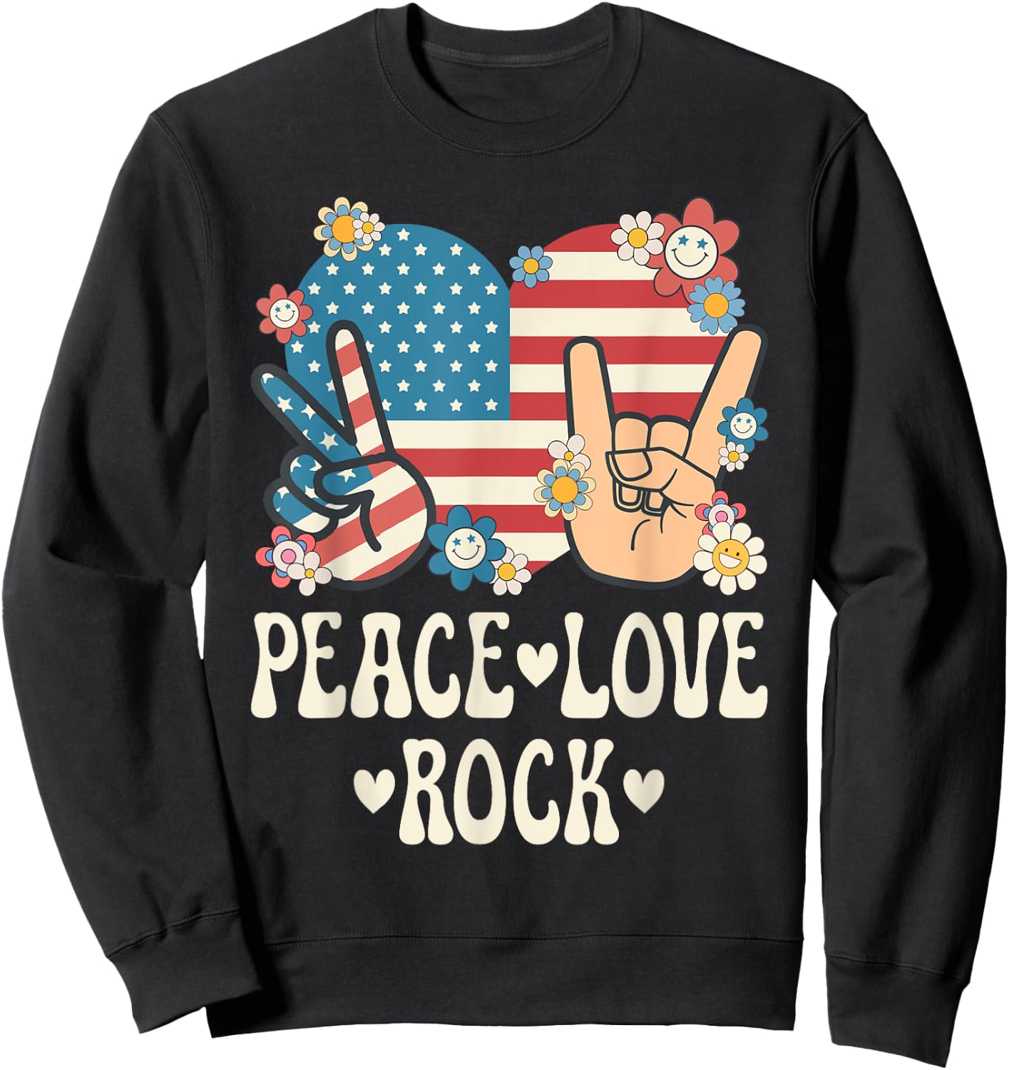 Peace Love Rock And Roll American Flag Patriotic Retro Rock Sweatshirt - Sweatshirt | Black