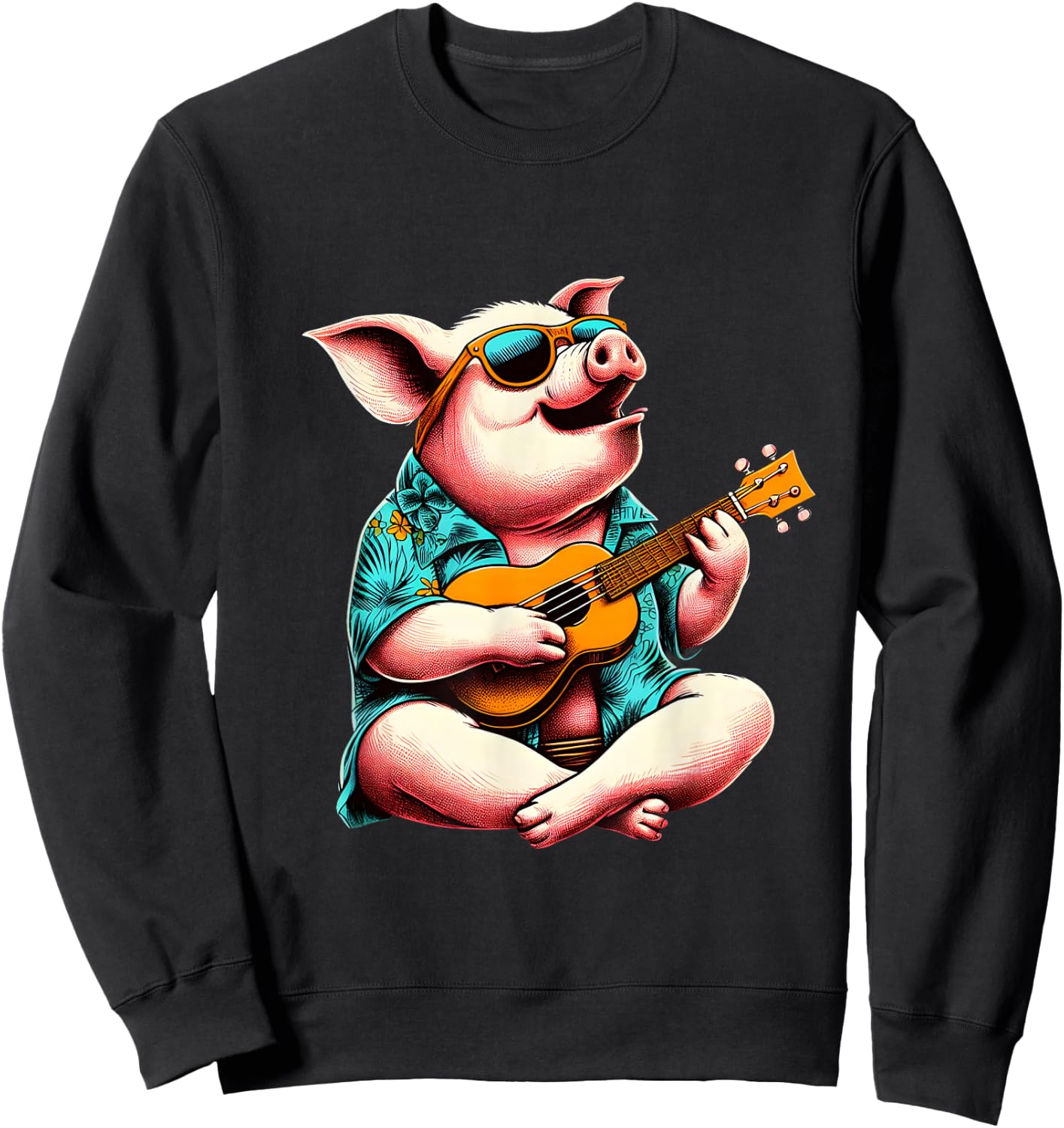 Pig Wearing a Hawaiian Shirt, Playing a Ukulele Sweatshirt - Sweatshirt | Black