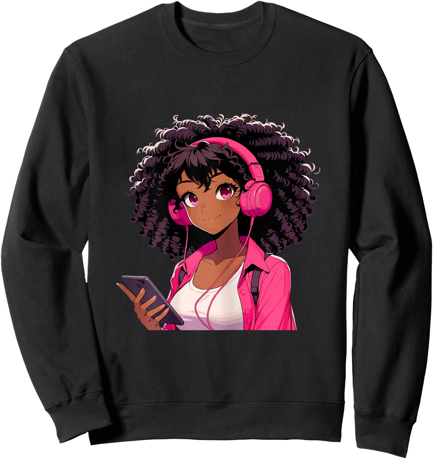 Black Girl Anime Music Headphones Sweatshirt - Sweatshirt | Black