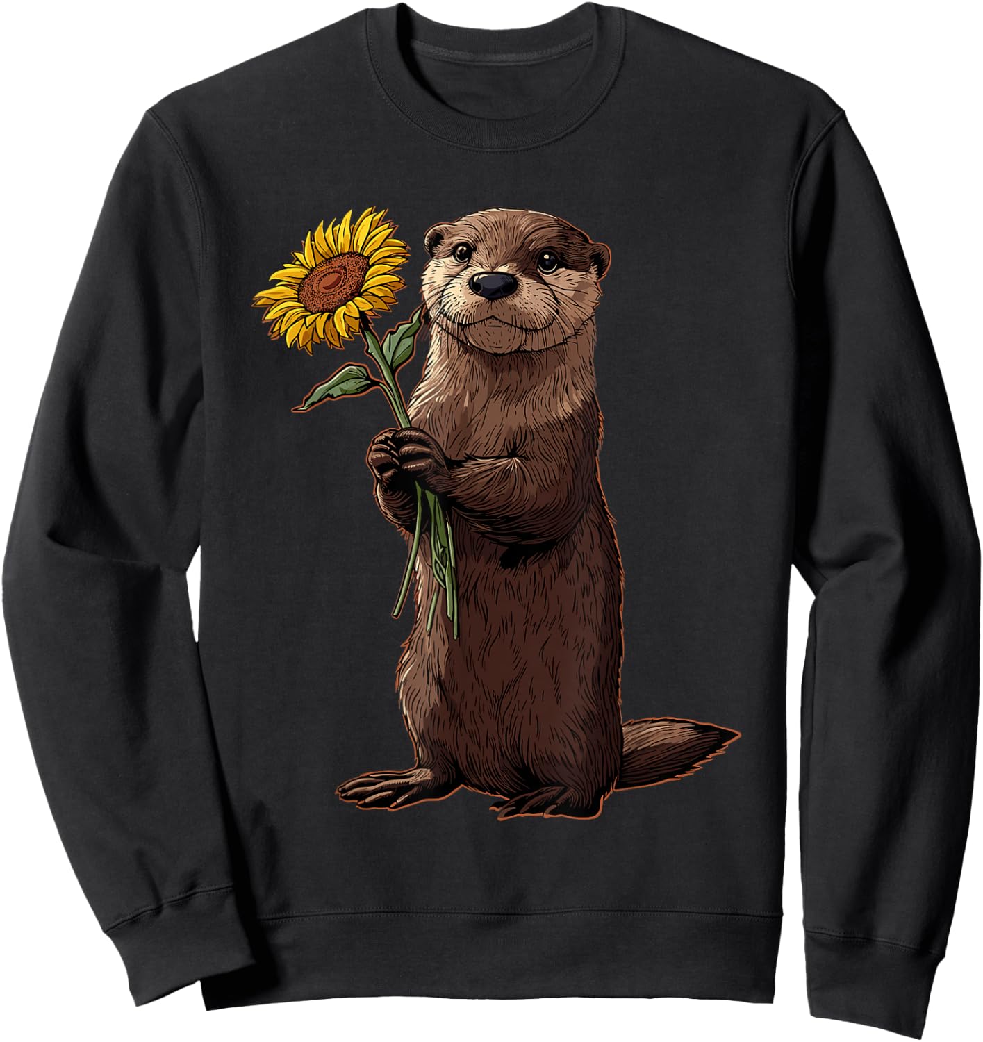 Otter Holding Sunflower Cute Animal Lover Sweatshirt - Sweatshirt | Black
