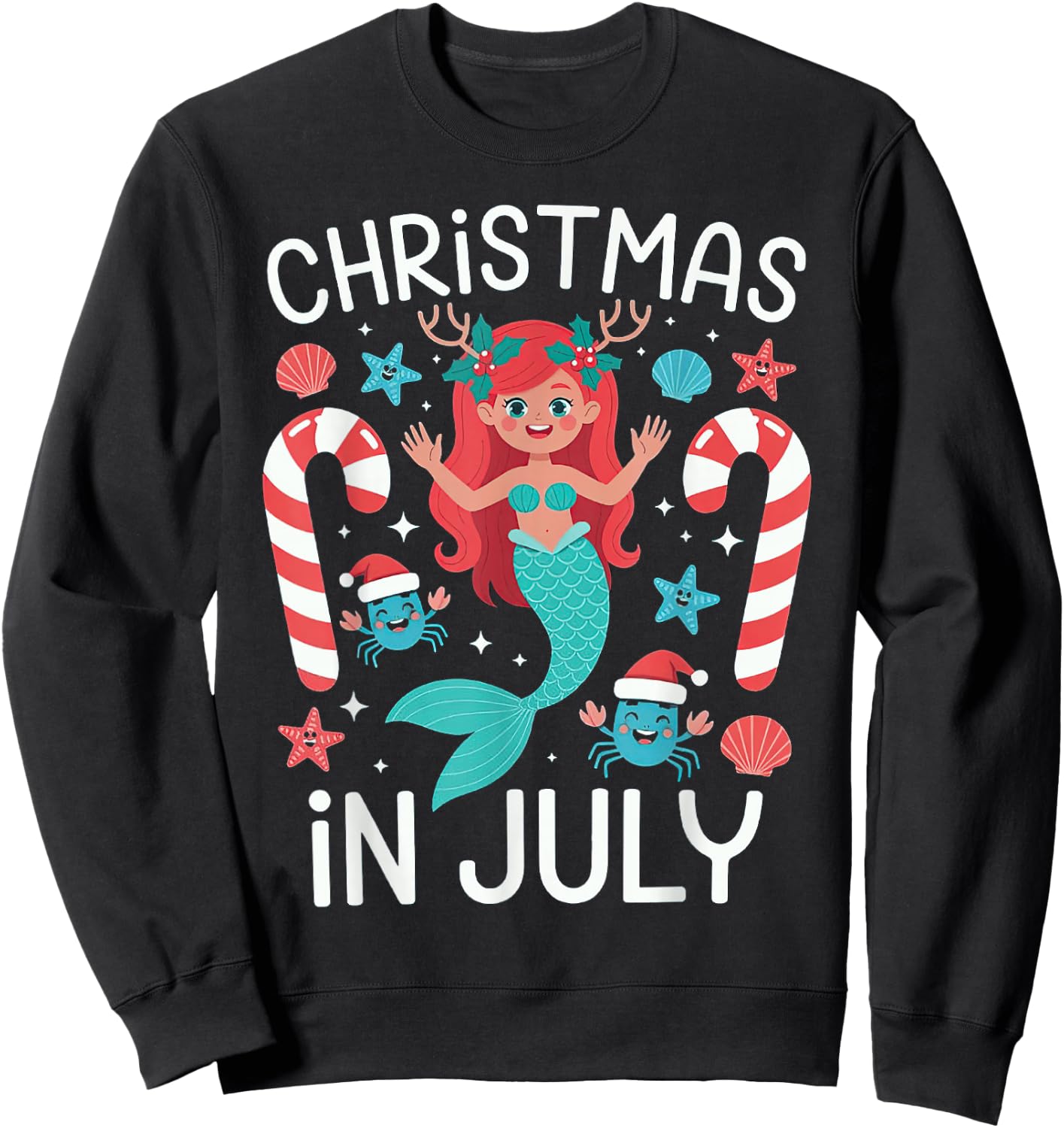 Christmas In July Cute Mermaid Summer Sweatshirt - Sweatshirt | Black