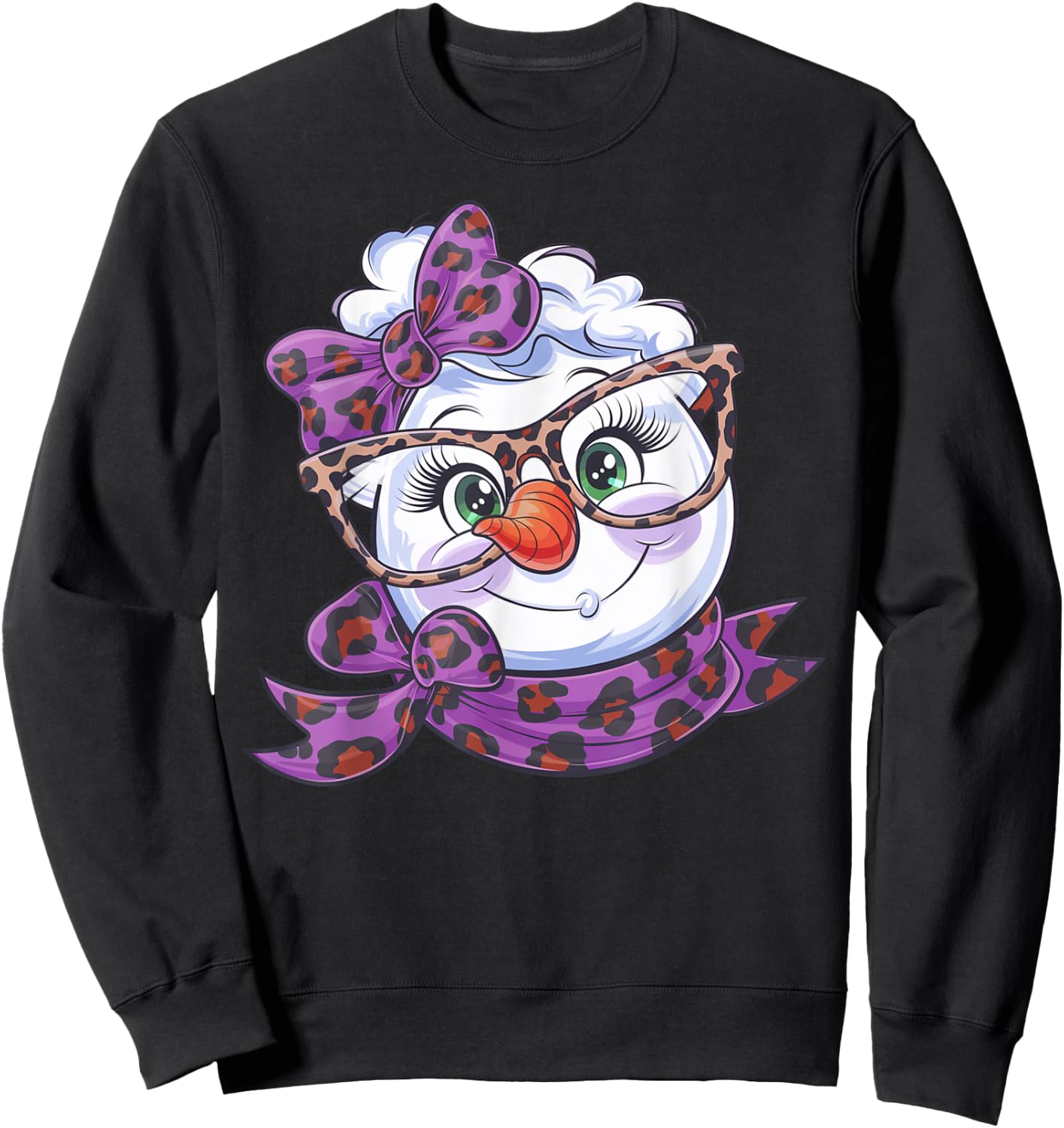 Winter Snowman Face Leopard Bow Eyelashes Black Classic Fit Short Sleeve XS Sweatshirt - Sweatshirt | Black