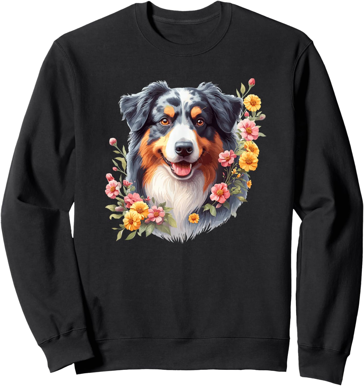 Cute Flowers Funny Floral Watercolor Blue Merle Aussie Lover Sweatshirt - Sweatshirt | Black