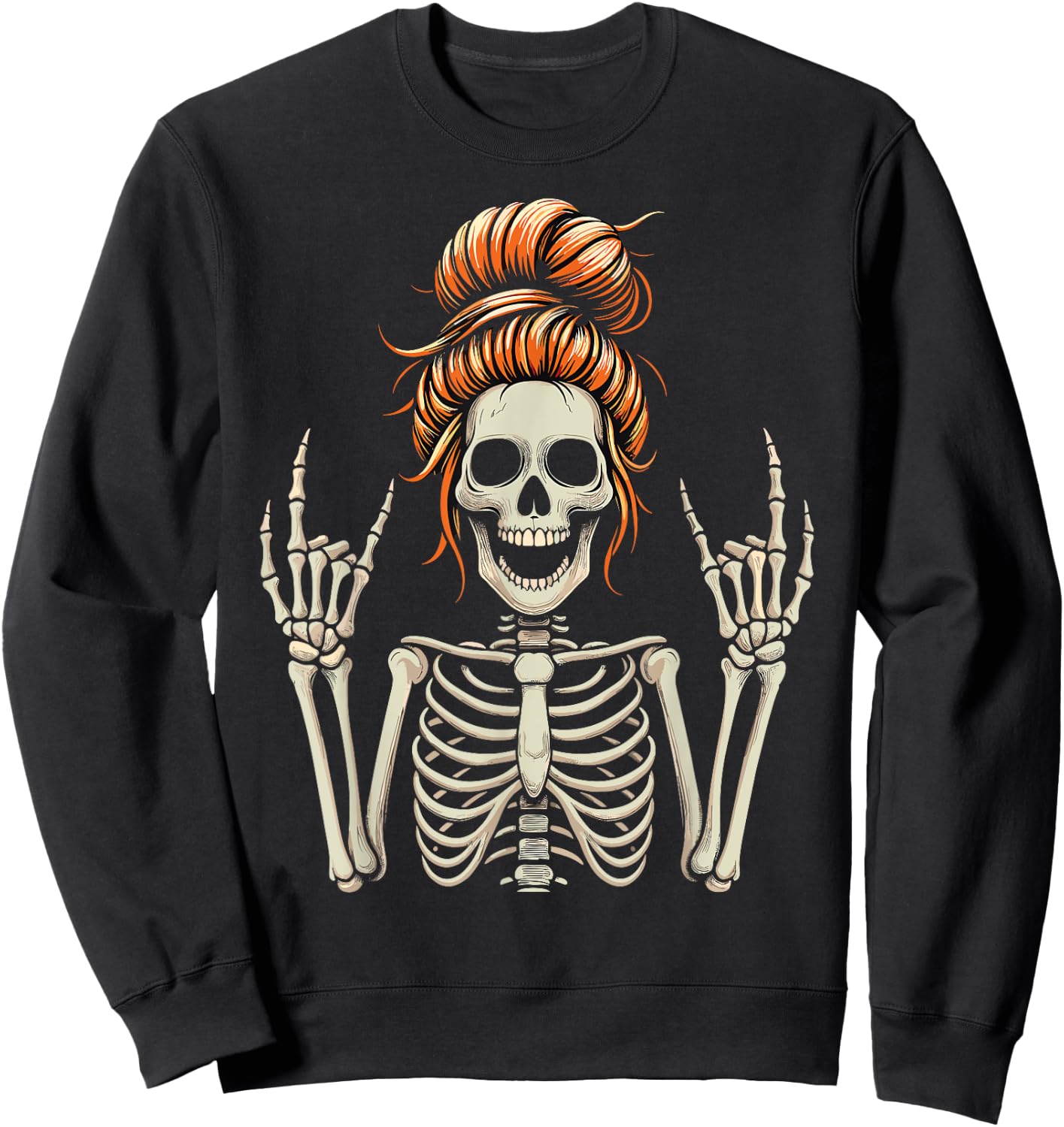 Rocker Messy Bun Skeleton Cool Halloween Punk Rock Sweatshirt - Sweatshirt | Black