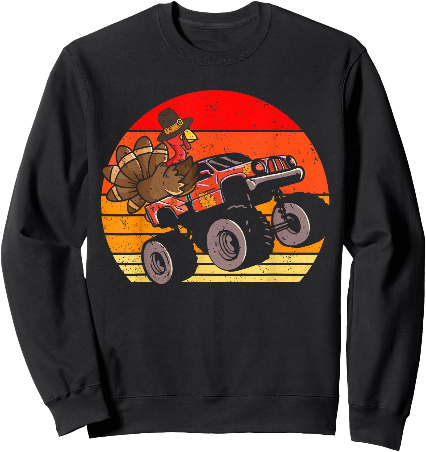Boys Kids Thanksgiving Turkey Riding Monster Truck Vintage Sweatshirt - Sweatshirt | Black