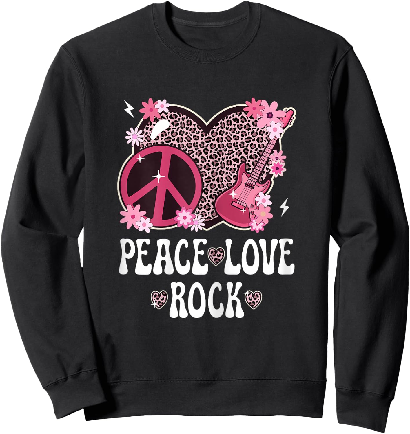 Peace Love Rock And Roll Leopard Print Women Rock Outfit Sweatshirt - Sweatshirt | Black