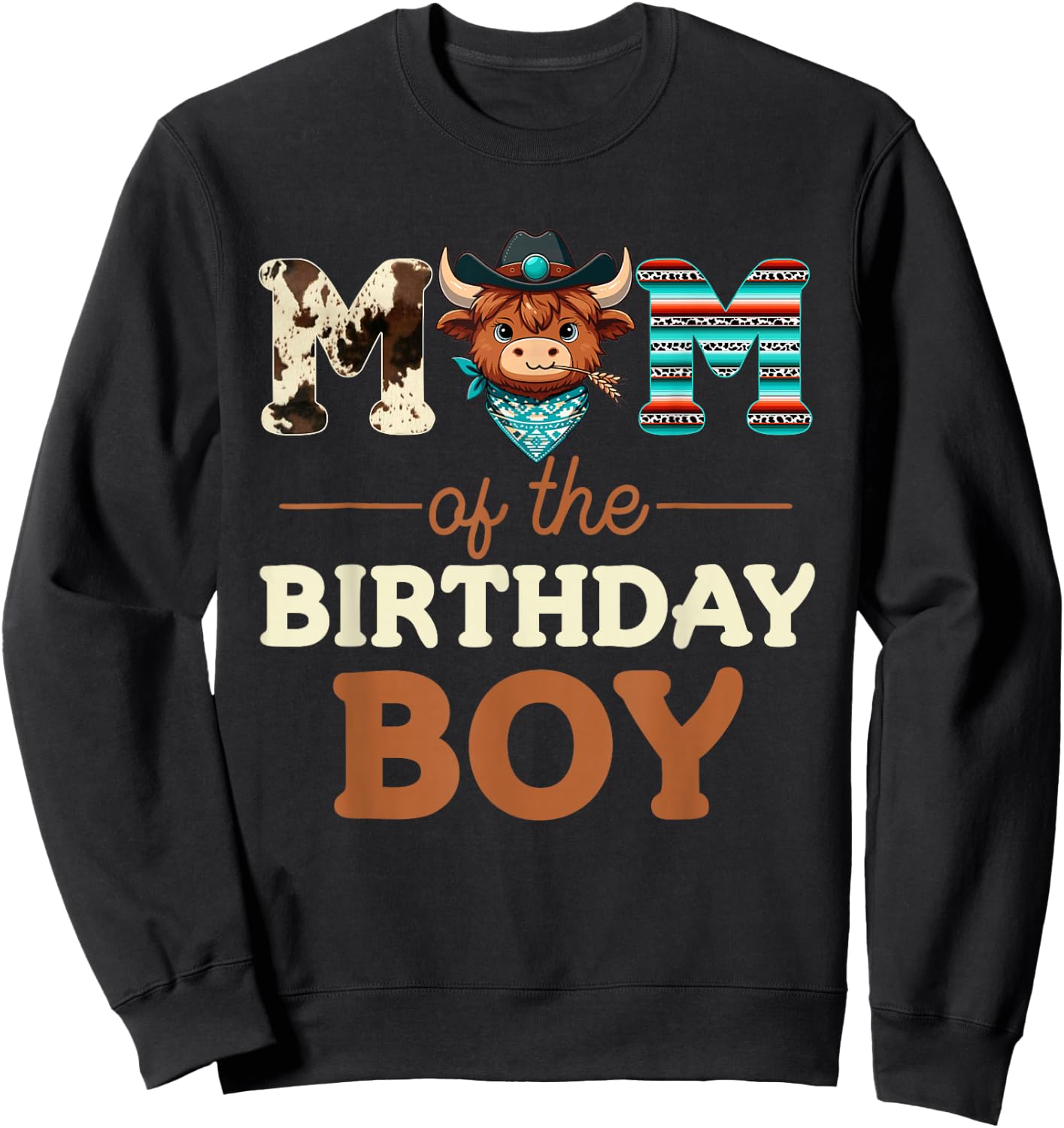 Mom of The Birthday Boy Highland Cow Print First Bday Sweatshirt - Sweatshirt | Black