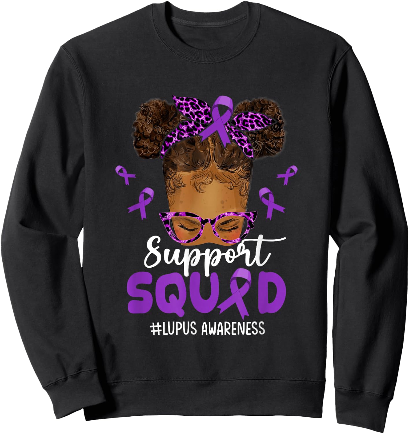 Support-Squad Afro Messy Bun Leopard Lupus Awareness Sweatshirt - Sweatshirt | Black