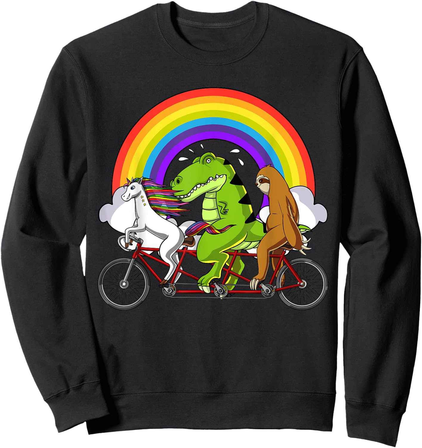 Unicorn T-Rex Dinosaur Sloth Riding Bicycle Rainbow Party Sweatshirt - Sweatshirt | Black