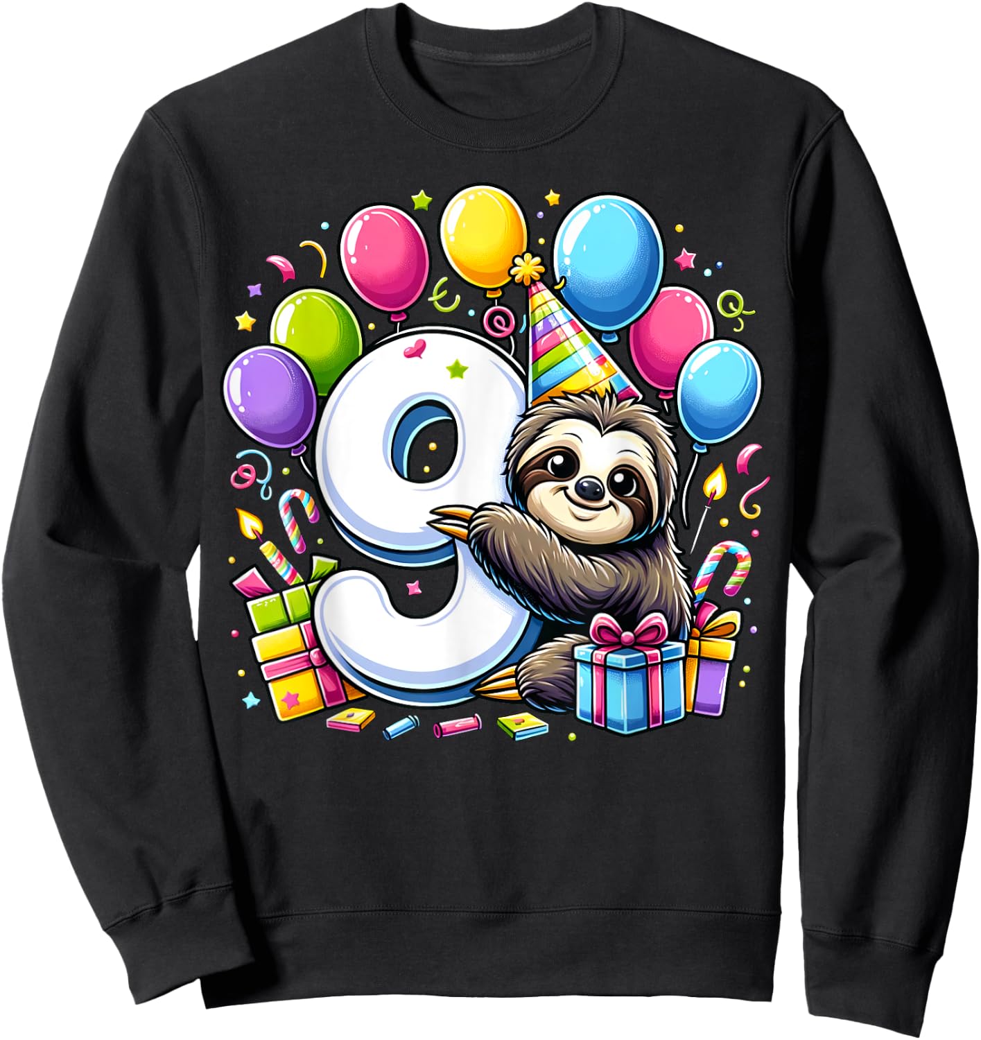 Kids Sloth Theme ninth Bday Party 9th Sloth Birthday Sweatshirt - Sweatshirt | Black