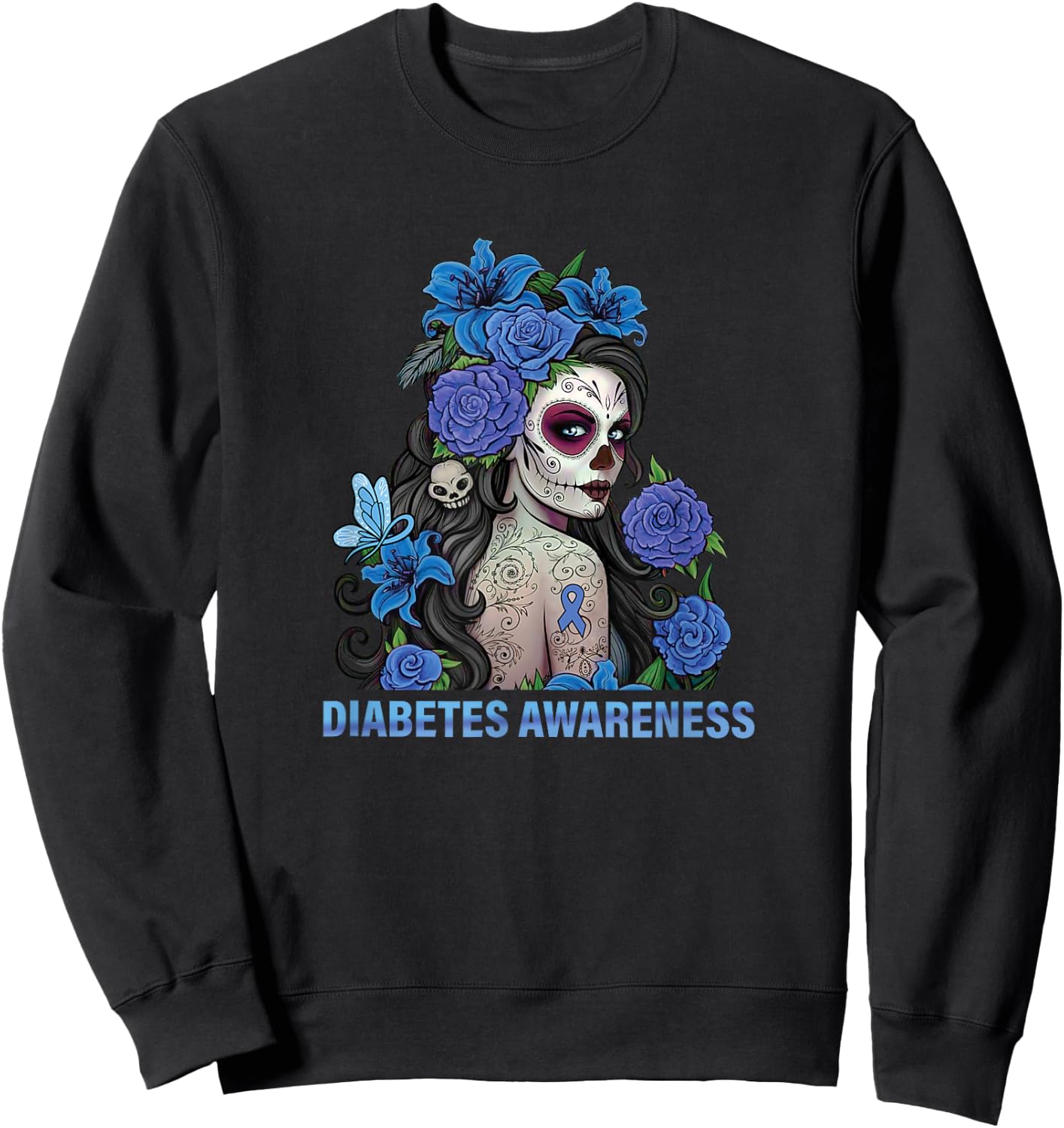 Floral Sugar Skull Women Diabetes Awareness Sweatshirt - Sweatshirt | Black
