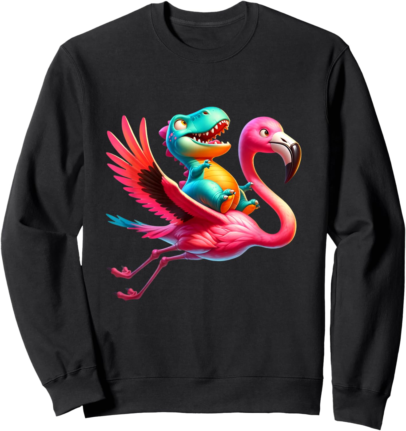 Cute T-Rex Dinosaur flying on a Flamingo Funny Sweatshirt - Sweatshirt | Black