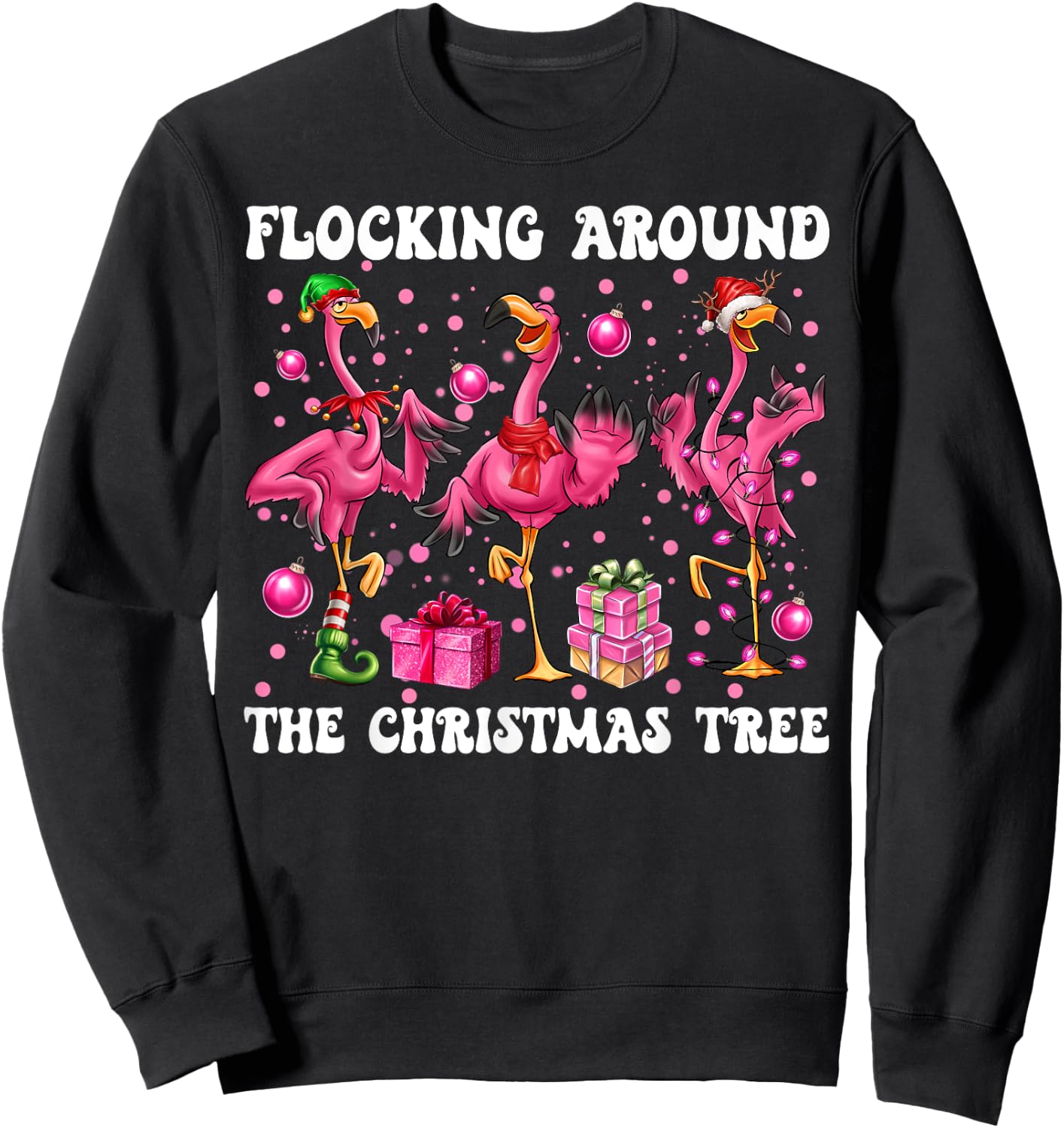 Flocking Around The Christmas Tree Flamingo Christmas Crew Sweatshirt - Sweatshirt | Black