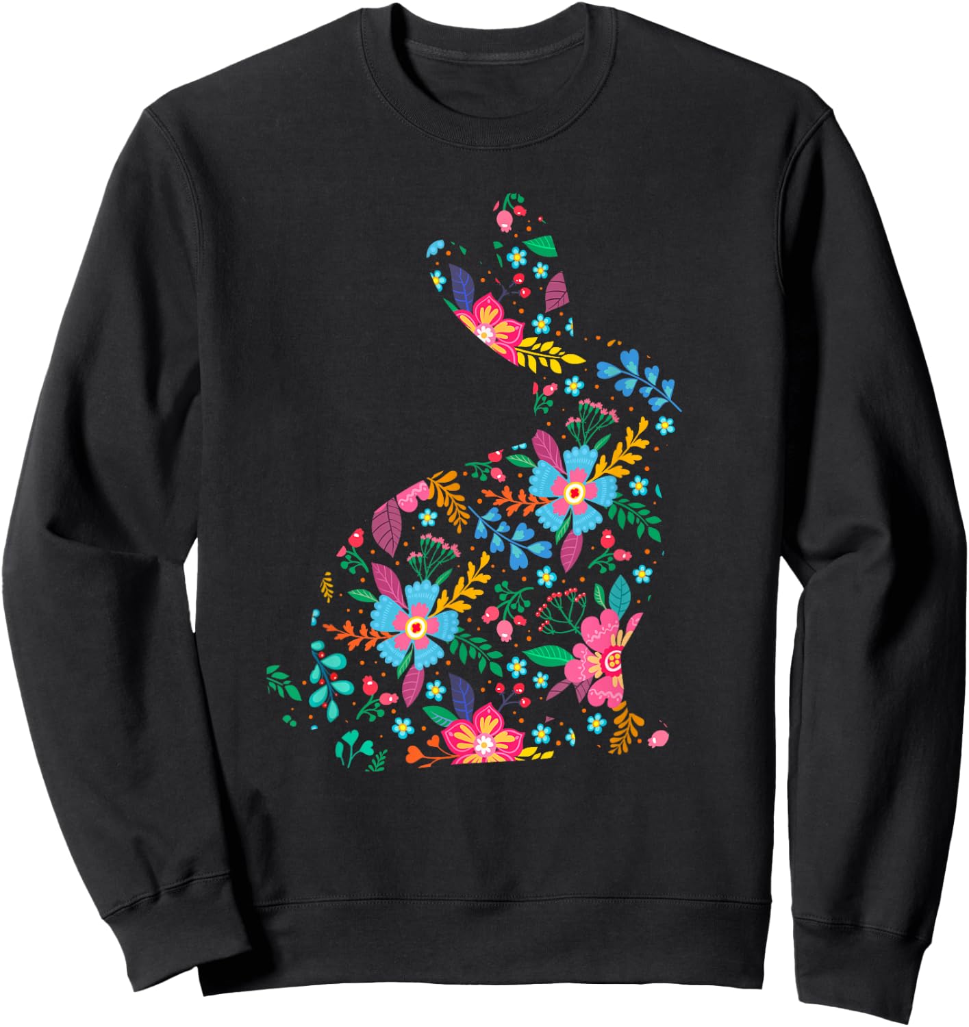 Floral Easter Women Girls Easter Bunny Spring Flowers Rabbit Sweatshirt - Sweatshirt | Black