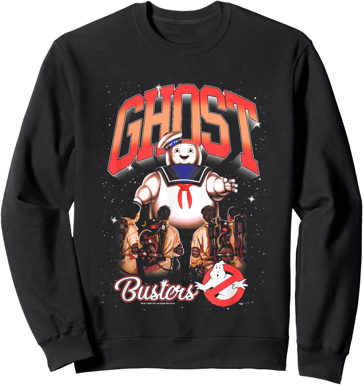 Ghostbusters Cute Stay Puft Loom Group Shot Retro Big Logo Sweatshirt - Sweatshirt | Black