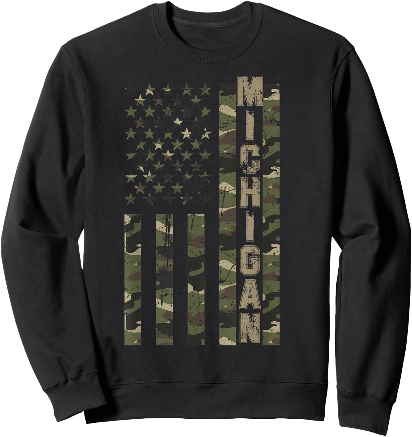 Michigan United States Distressed Camo w US Flag Sweatshirt - Sweatshirt | Black
