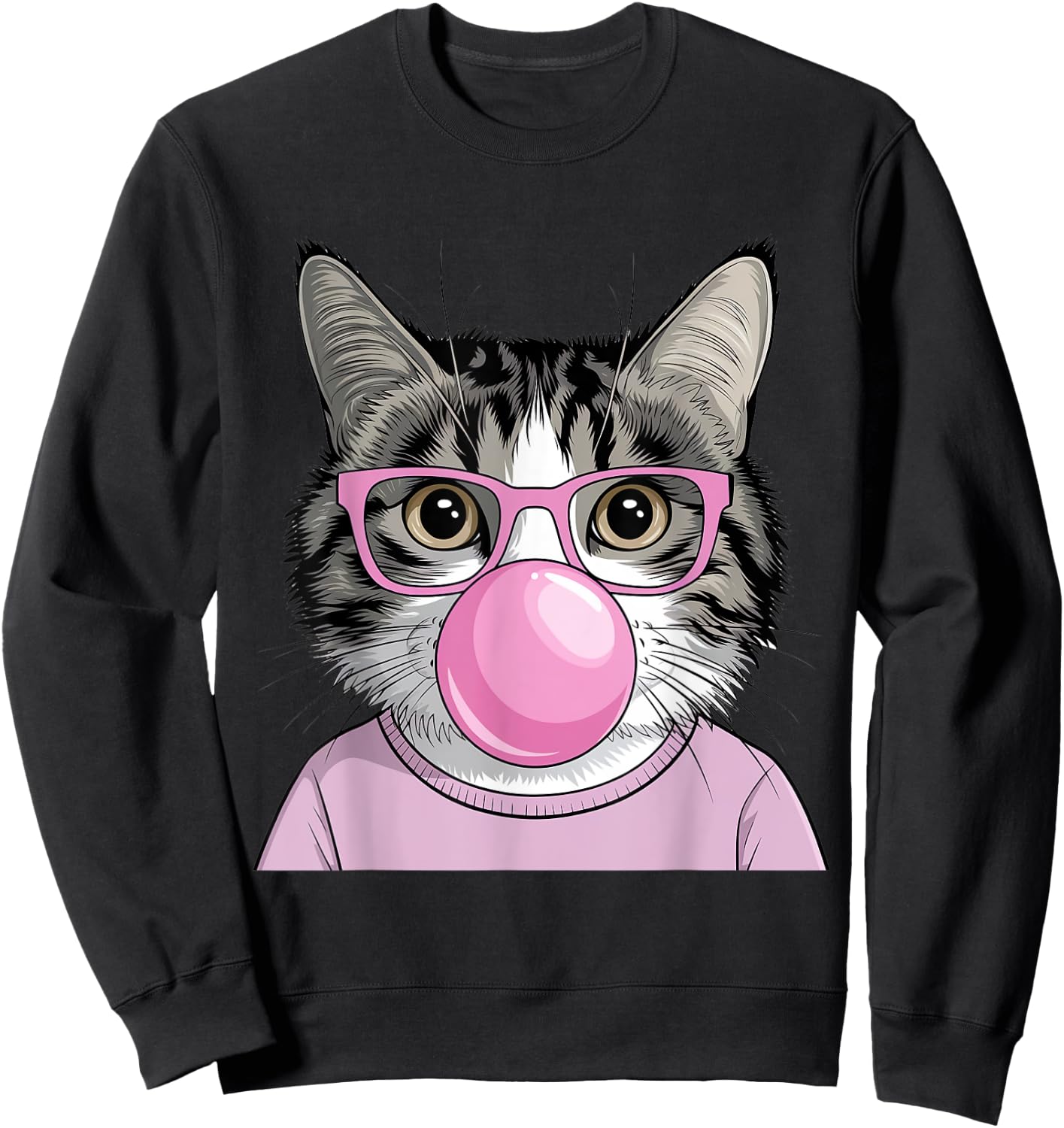 Funny Cat with Glasses Blowing Bubble Gum Cute Cat Women Girls Kids Sweatshirt - Sweatshirt | Black