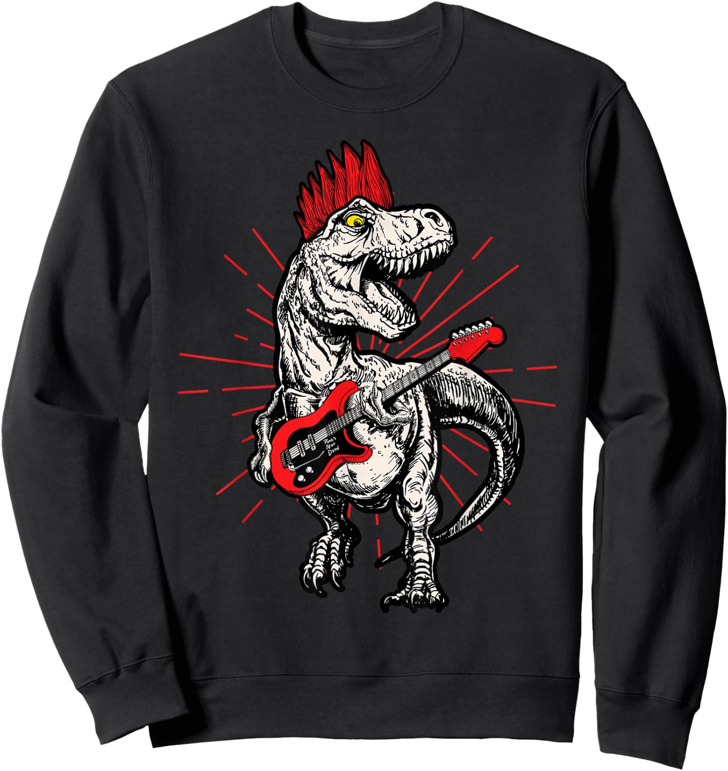 Punk Rock T-Rex Mohawk Playing Guitar Rock n' Roll Dinosaur Sweatshirt - Sweatshirt | Black