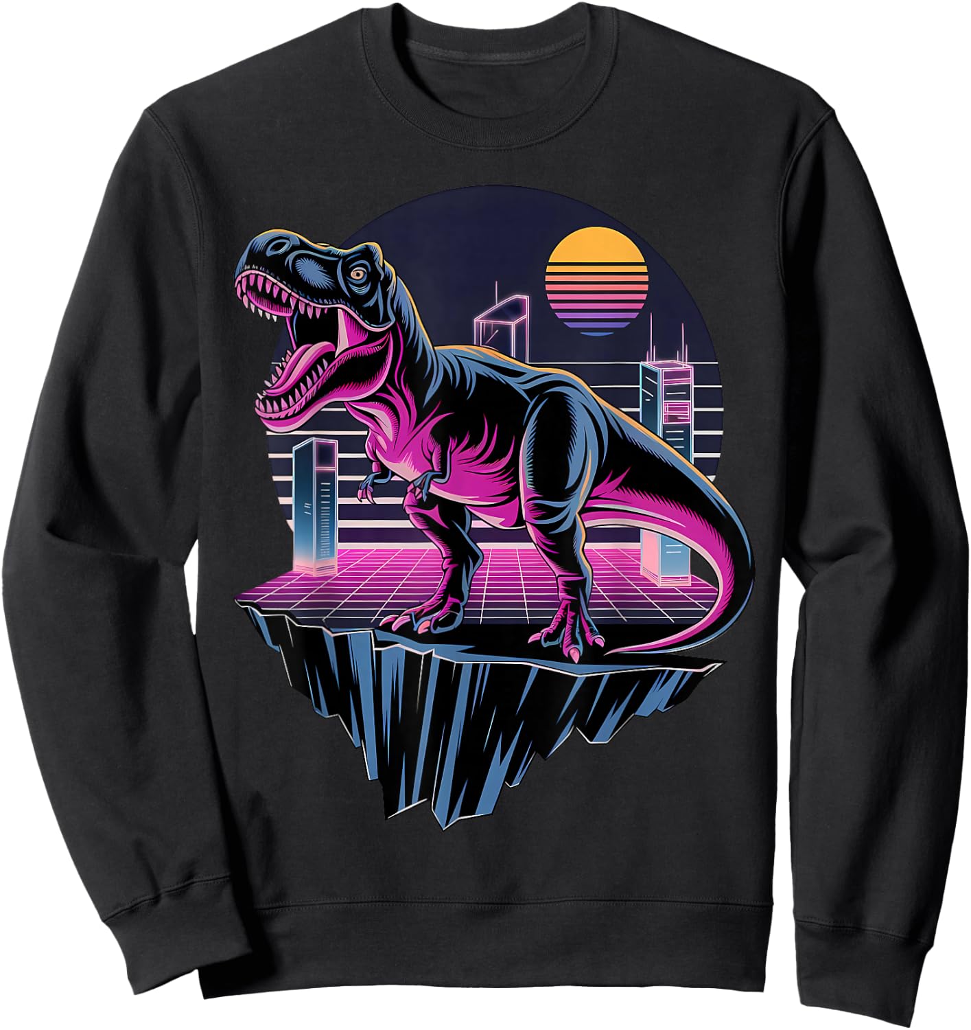 Electric Retro T-Rex Neon Dinosaur Aesthetic Sweatshirt - Sweatshirt | Black