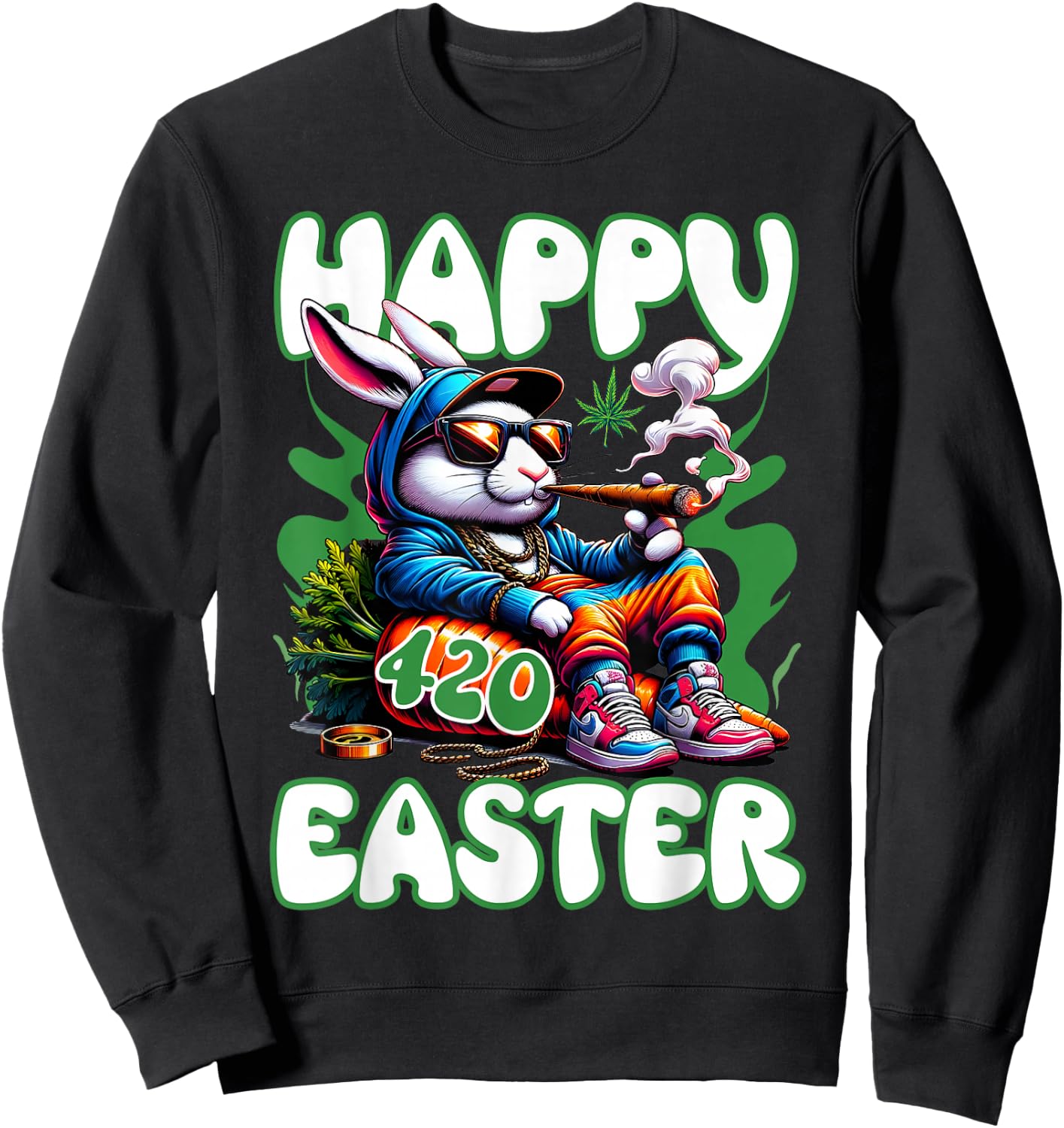 Happy 420 Easter Funny Smoking Easter Bunny Men Women Sweatshirt - Sweatshirt | Black