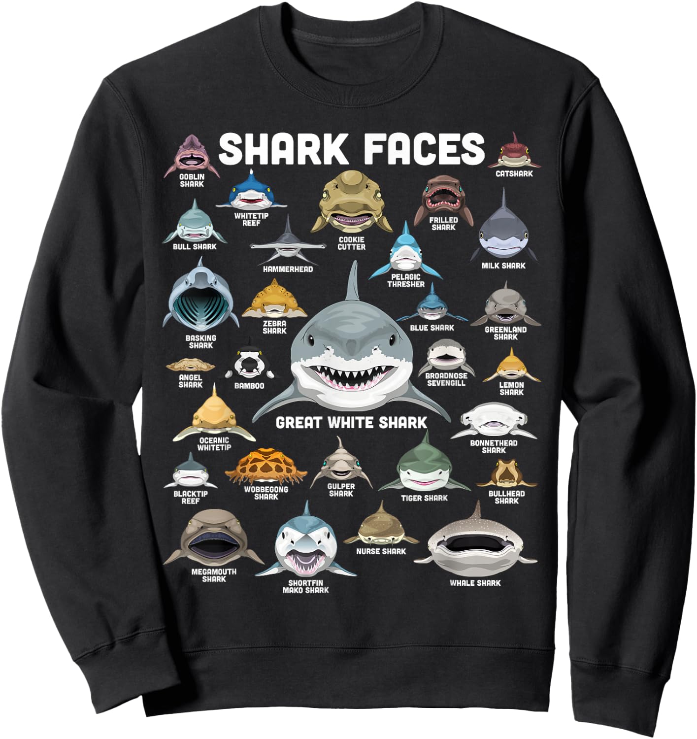 Shark Faces Shirt Shark Types Funny Biology Navy Shark , Black, S Sweatshirt - Sweatshirt | Black