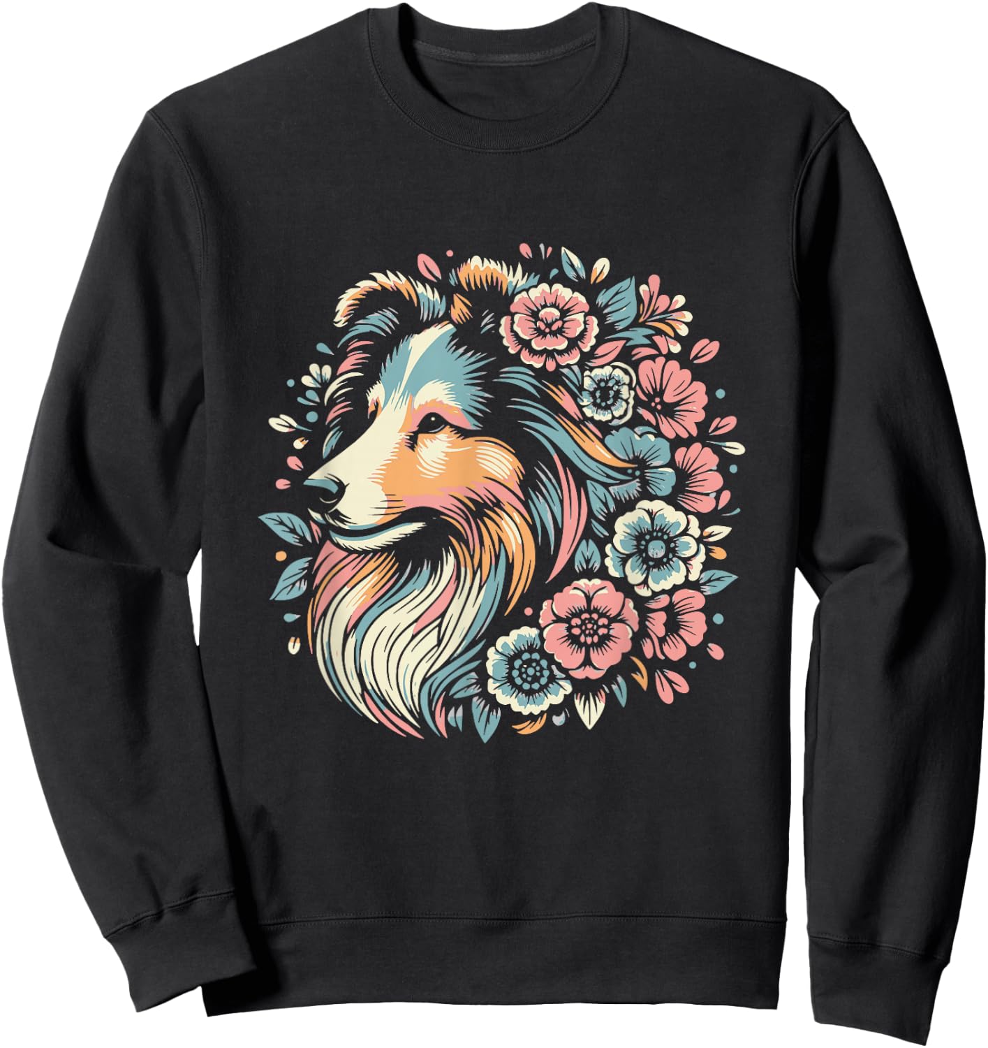 Floral Shetland Sheepdog Dog Flower Sheltie Graphic Design Sweatshirt - Sweatshirt | Black