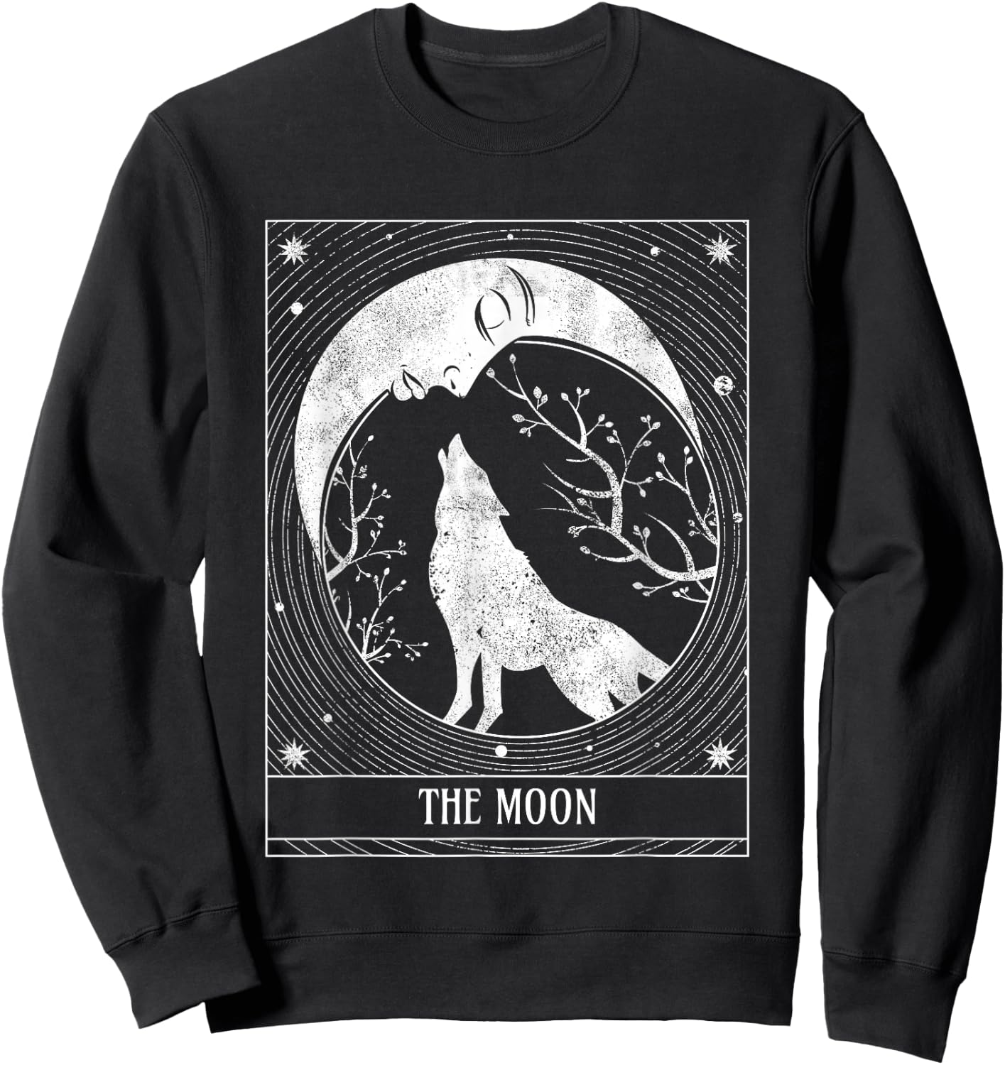 Distressed Crescent Moon and Wolf Tarot Card Sweatshirt - Sweatshirt | Black